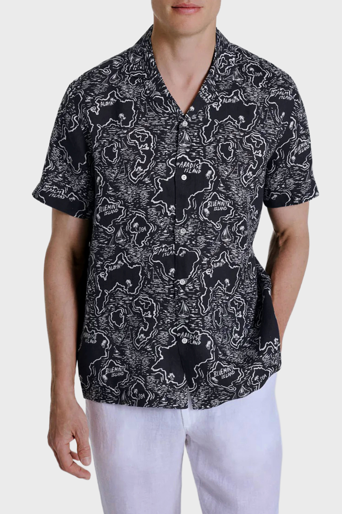 Bluemint Comfort Desenli % 100 Keten Kısa Kollu Erkek Gömlek MARSPRINT 1317 LACİVERT-BEYAZ
