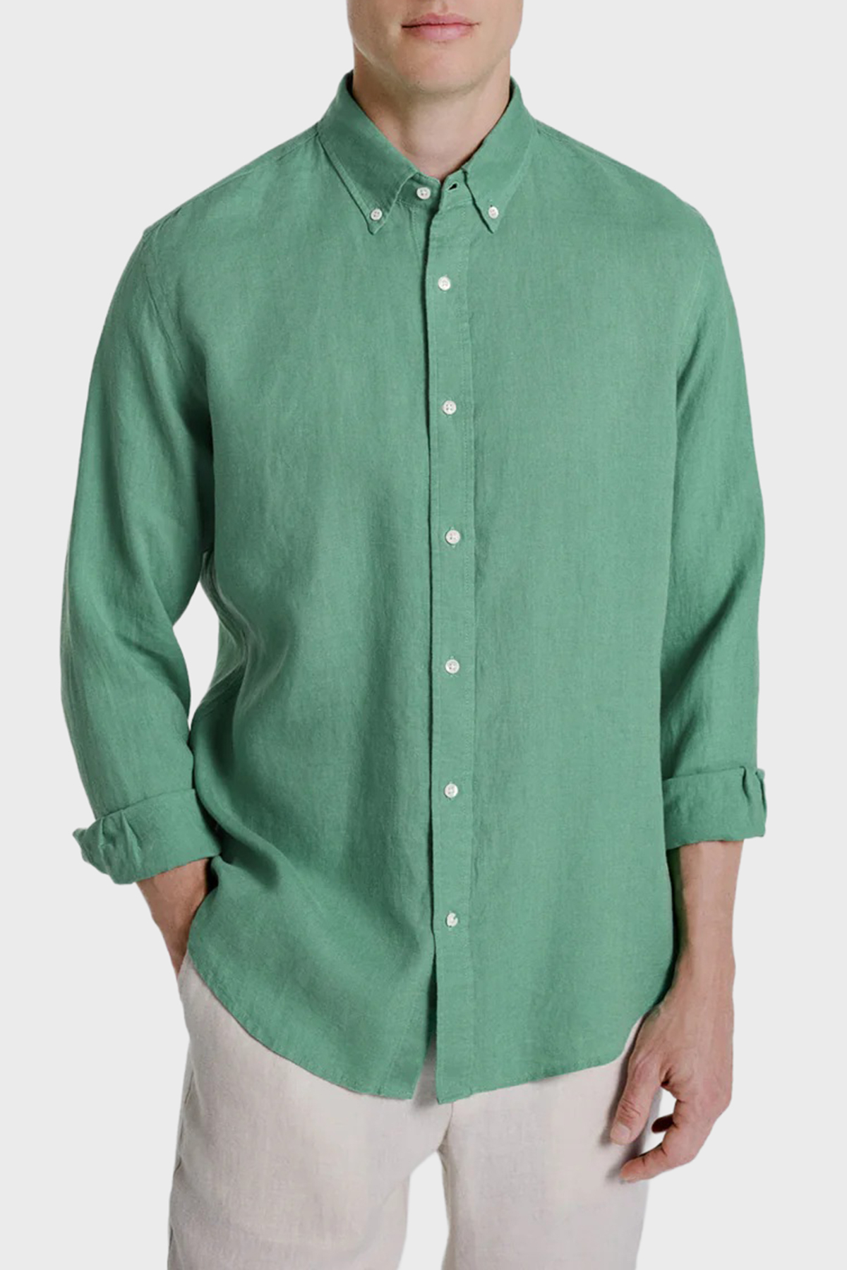 Bluemint Comfort Düğmeli Yaka Uzun Kollu Keten Erkek Gömlek MARTIN 106 YEŞİL
