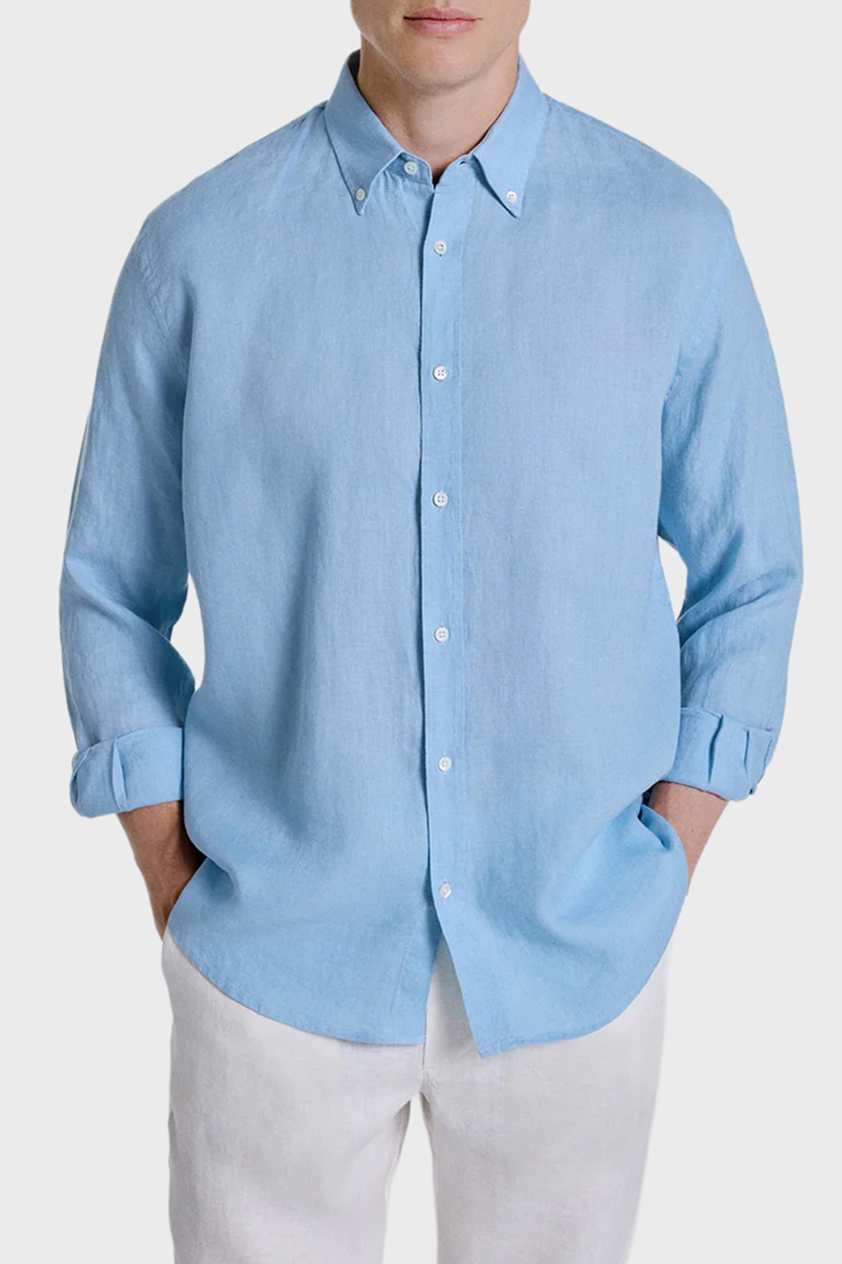 Bluemint Comfort Düğmeli Yaka Uzun Kollu Keten Erkek Gömlek MARTIN 318 MAVİ