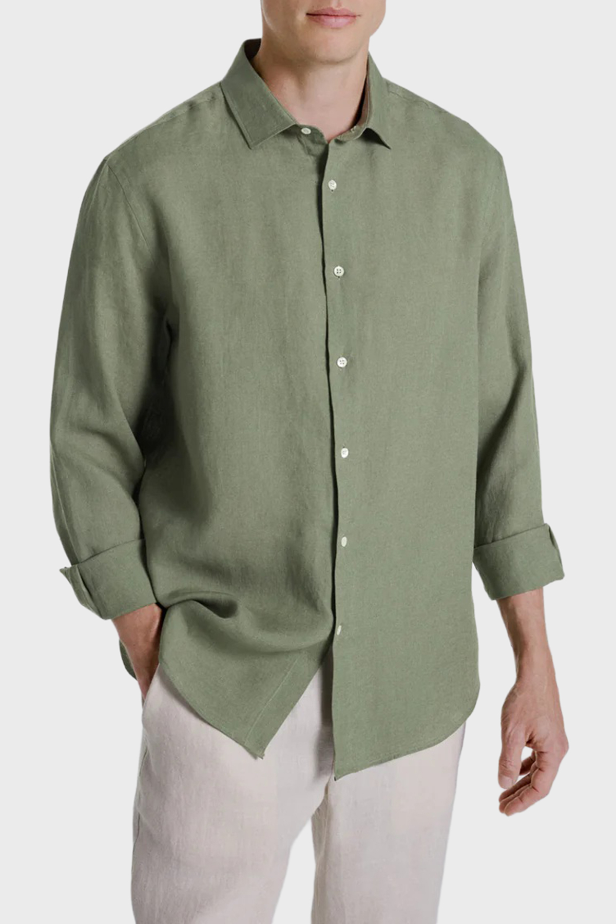 Bluemint Comfort Fit Klasik Yaka Uzun Kollu Keten Erkek Gömlek LUCA 332 HAKİ
