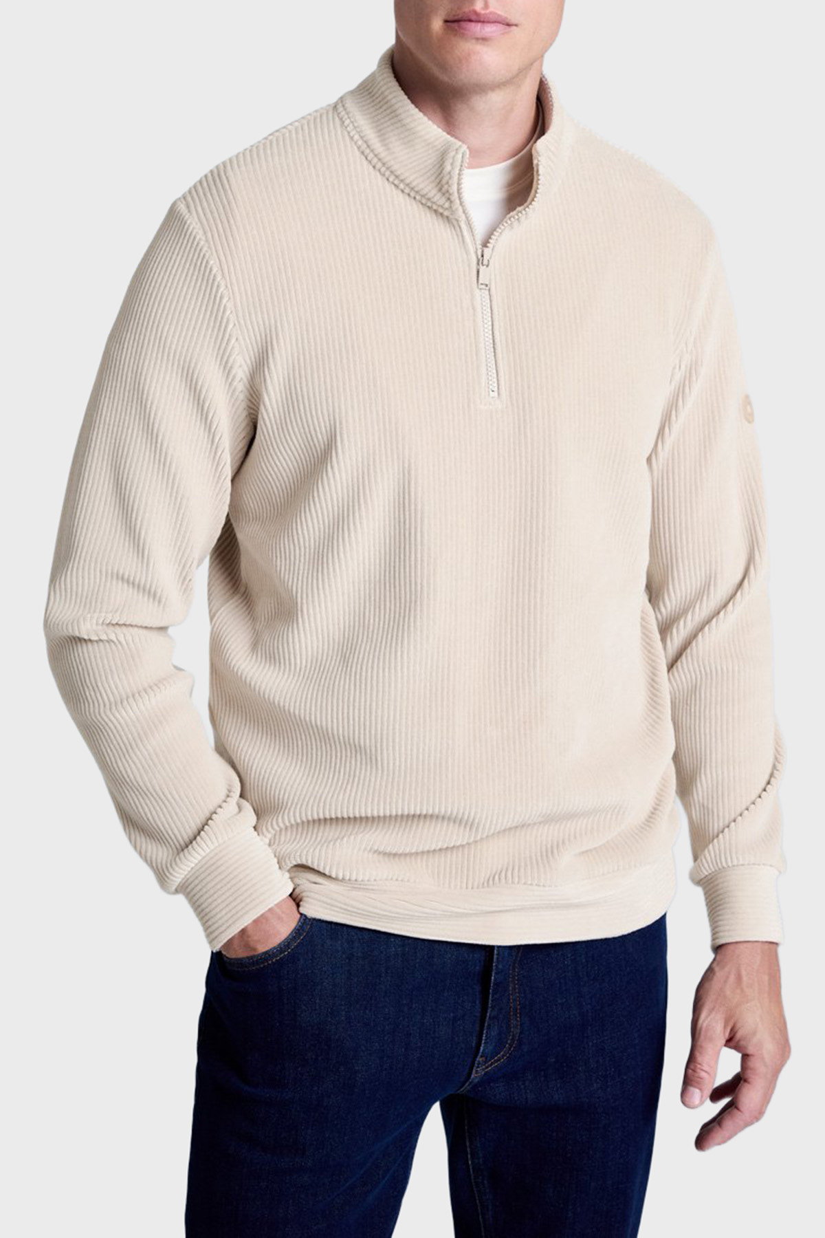 Bluemint Fitilli Pamuklu Comfort Fit Yarım Fermuarlı Dik Yaka Erkek Sweat BM25019345MW 1239 BEJ