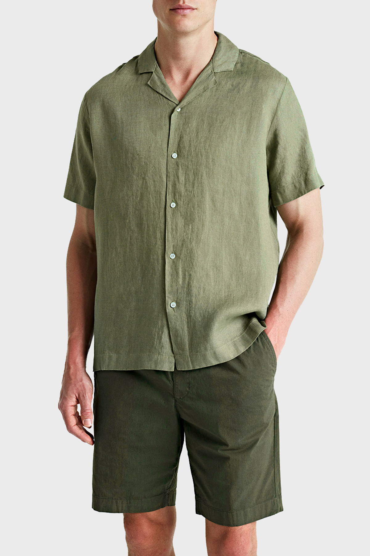 Bluemint Mars % 100 Keten Comfort Fit Kısa Kollu Erkek Gömlek BM24002107MS 1015 HAKİ