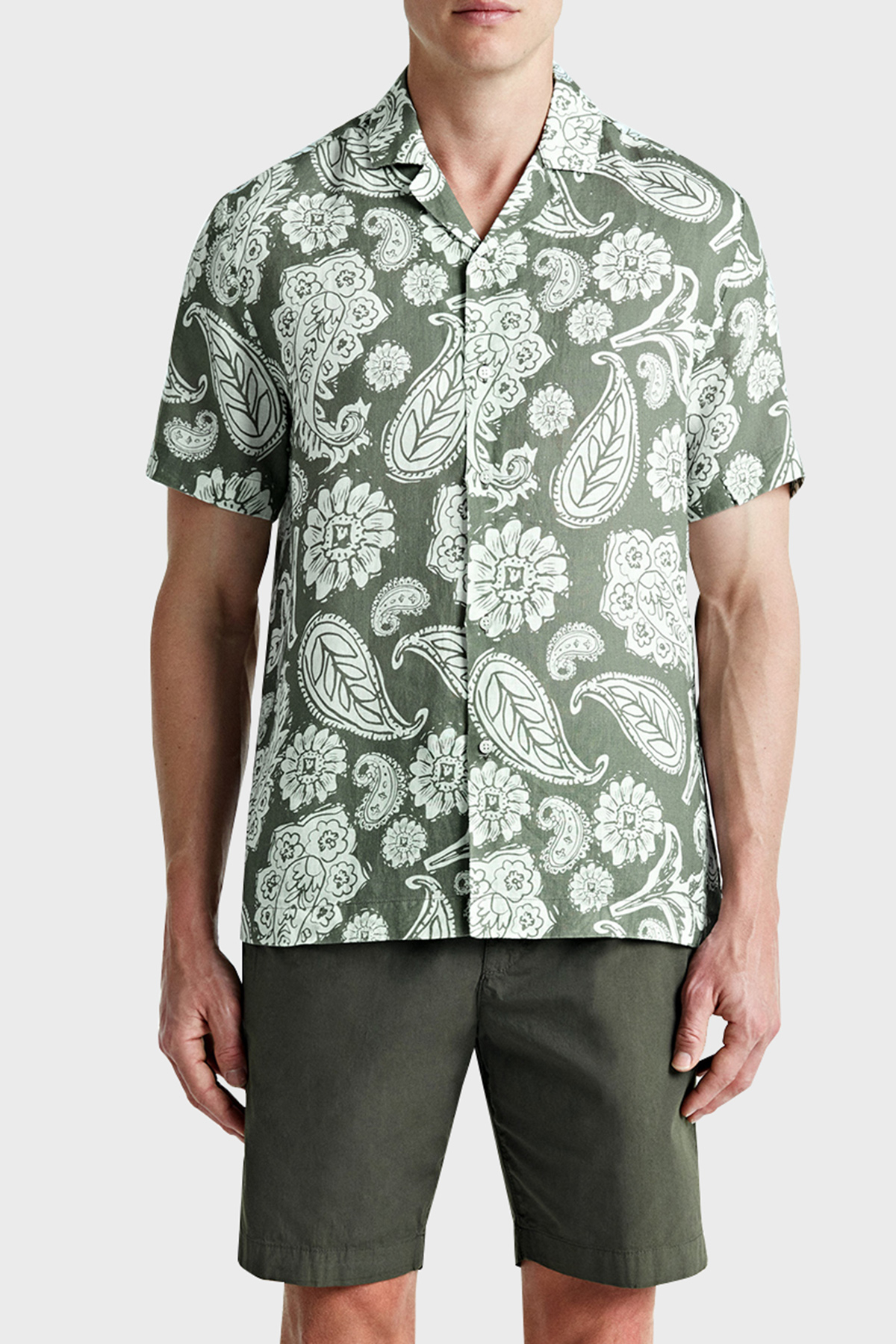 Bluemint Mars % 100 Keten Comfort Fit Kısa Kollu Erkek Gömlek BM24002135MS 1013 HAKİ-BEYAZ