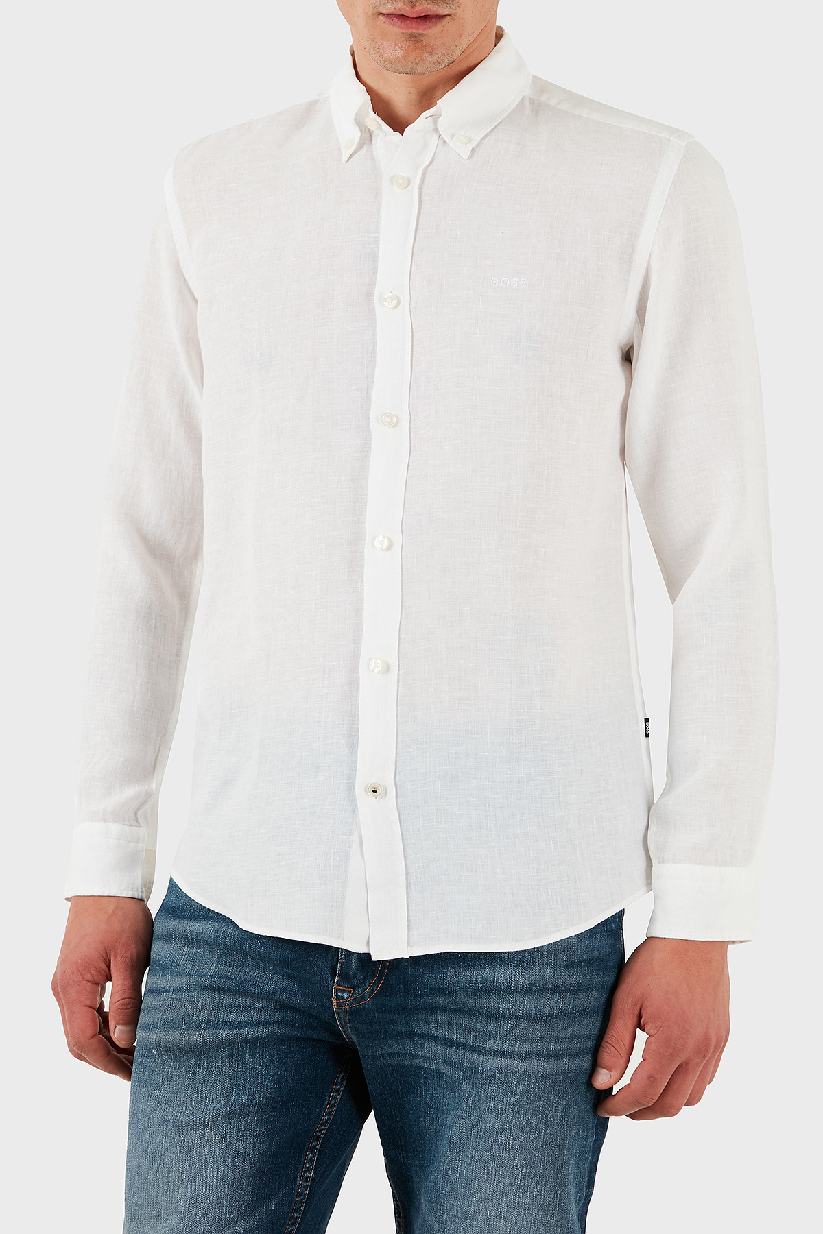 Boss % 100 Keten Regular Fit Düğmeli Yaka Logolu Erkek Gömlek 50520283 100 BEYAZ