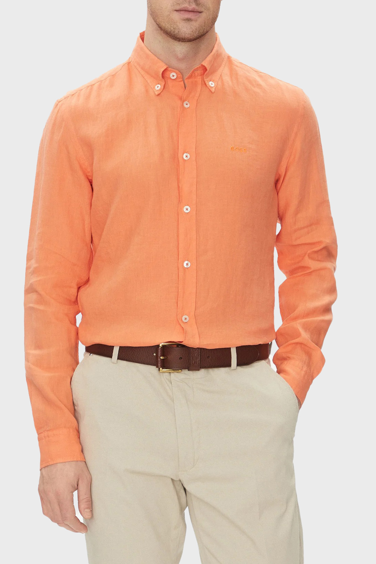 Boss % 100 Keten Slim Fit Düğmeli Yaka Erkek Gömlek 50520283 823 TURUNCU