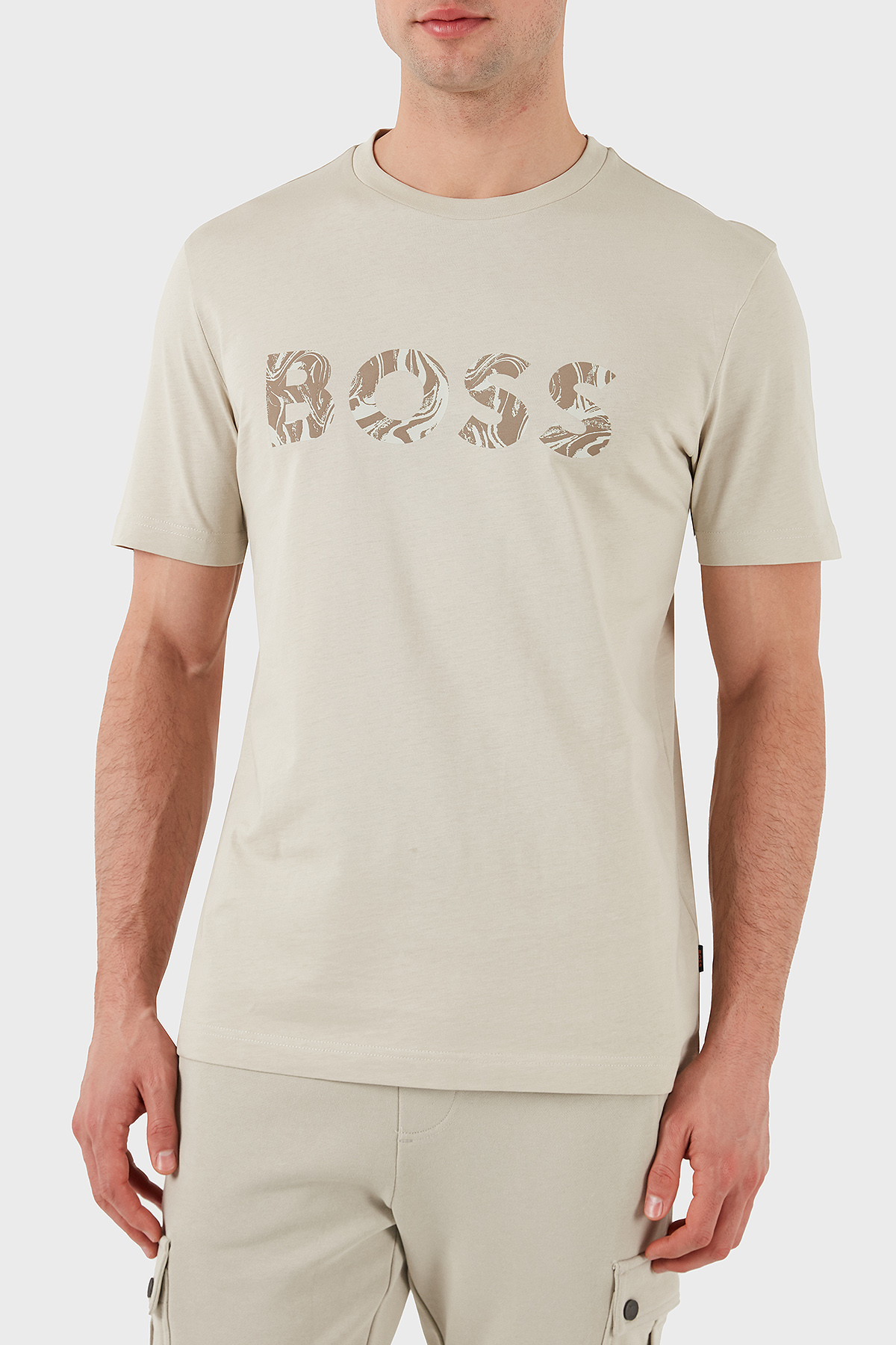 Boss % 100 Pamuk Desenli Logo Baskılı Regular Fit Bisiklet Yaka Erkek T Shirt 50515997 271 BEJ