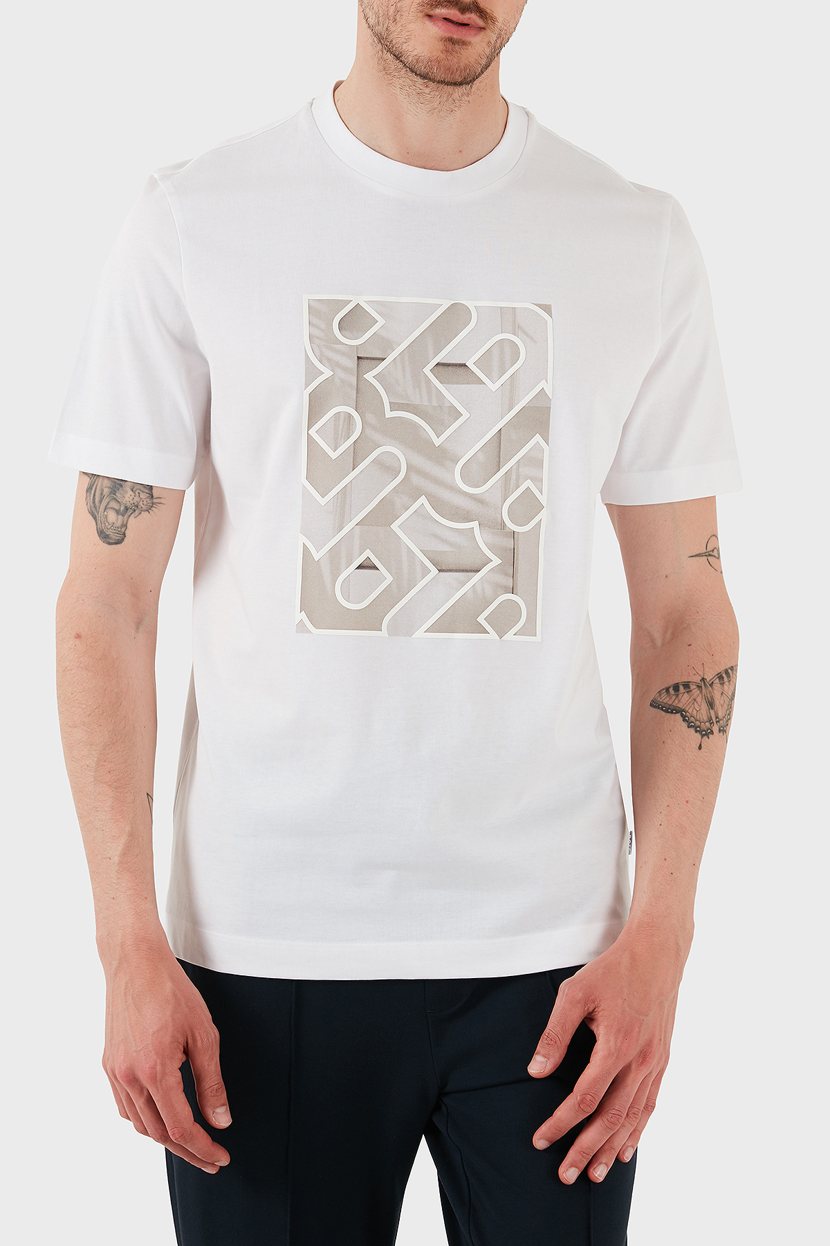 Boss % 100 Pamuk Regular Fit Bisiklet Yaka Desenli Erkek T Shirt 50538438 102 BEYAZ