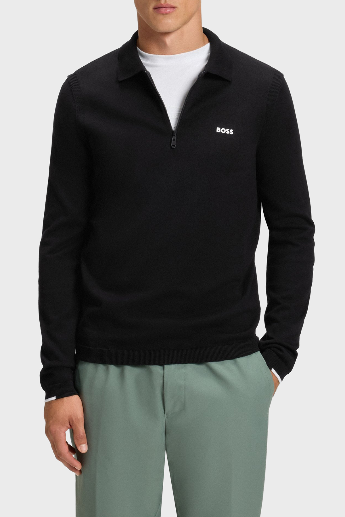 Boss % 100 Pamuk Regular Fit Yarm Fermuarlı Erkek Polo Yaka Kazak 50551688 001 SİYAH