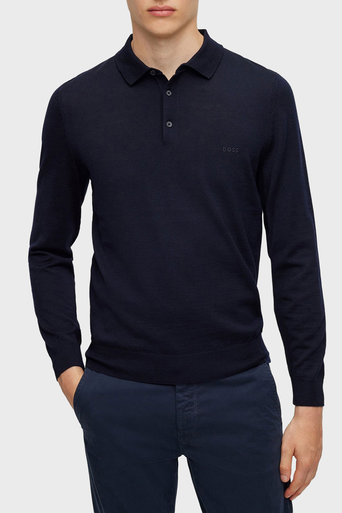 Boss % 100 Yün Regular Fit Düğmeli Erkek Polo Yaka Kazak 50476357 404 LACİVERT