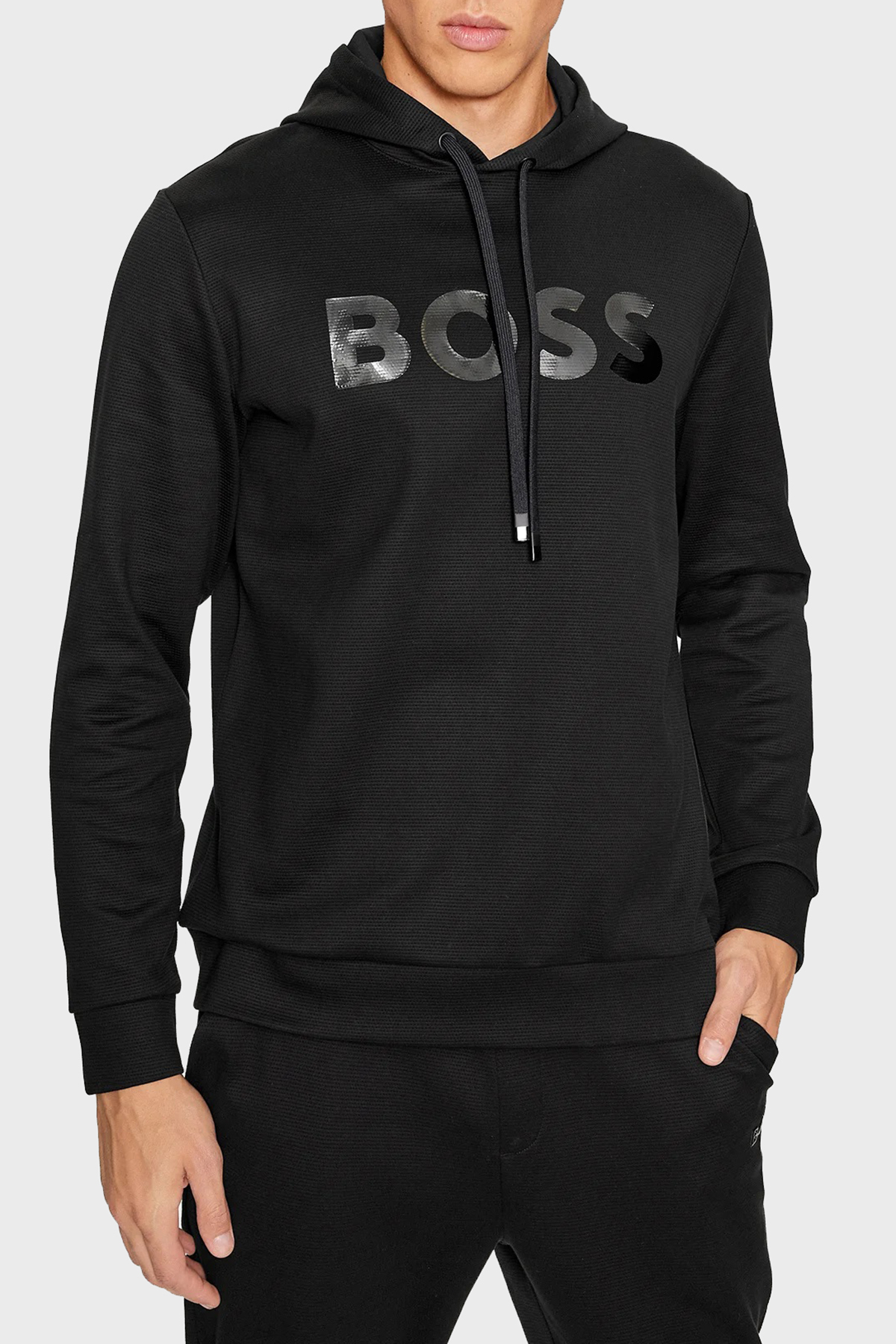 Boss Ayna Efektli Logolu Kapüşonlu Pamuklu Relaxed Fit Erkek Sweat 50501222 001 SİYAH