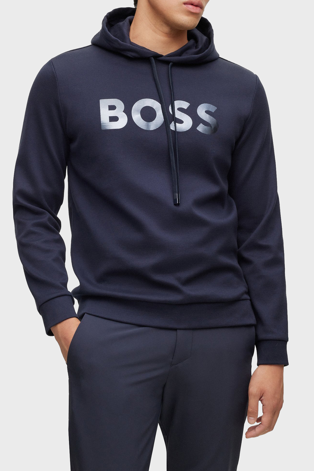 Boss Ayna Efektli Logolu Kapüşonlu Pamuklu Relaxed Fit Erkek Sweat 50501222 402 LACİVERT