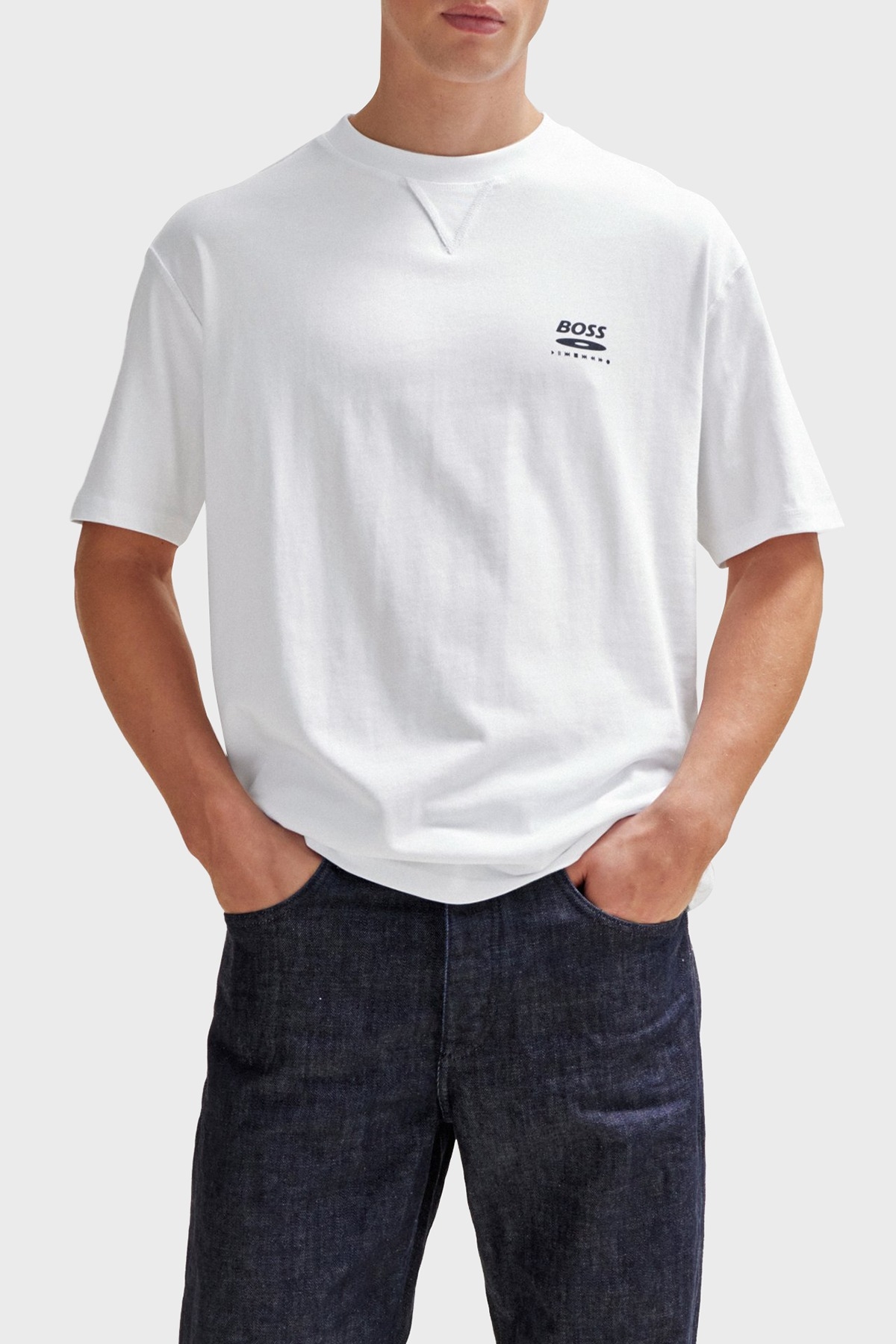 Boss Baskılı Pamuklu Oversize Fit Bisiklet Yaka Erkek T Shirt 50510218 100 BEYAZ