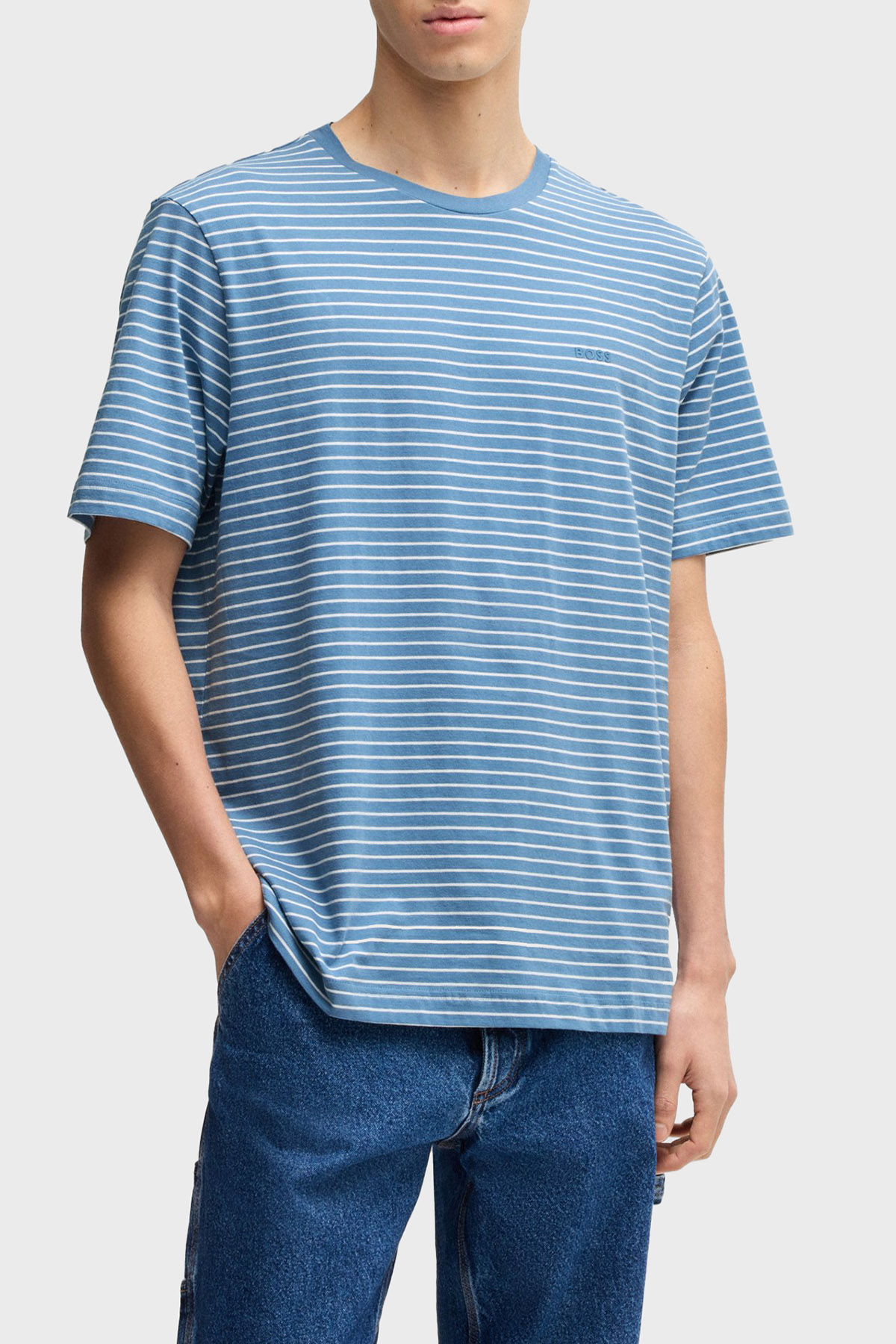 Boss Çizgili % 100 Pamuk Relaxed Fit Bisiklet Yaka Erkek T Shirt 50499334 462 MAVİ