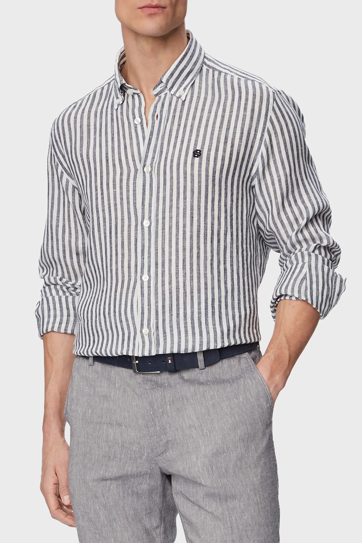 Boss Çizgili Regular Fit Klasik Yaka Uzun Kollu Keten Erkek Gömlek 50560595 404 LACİVERT