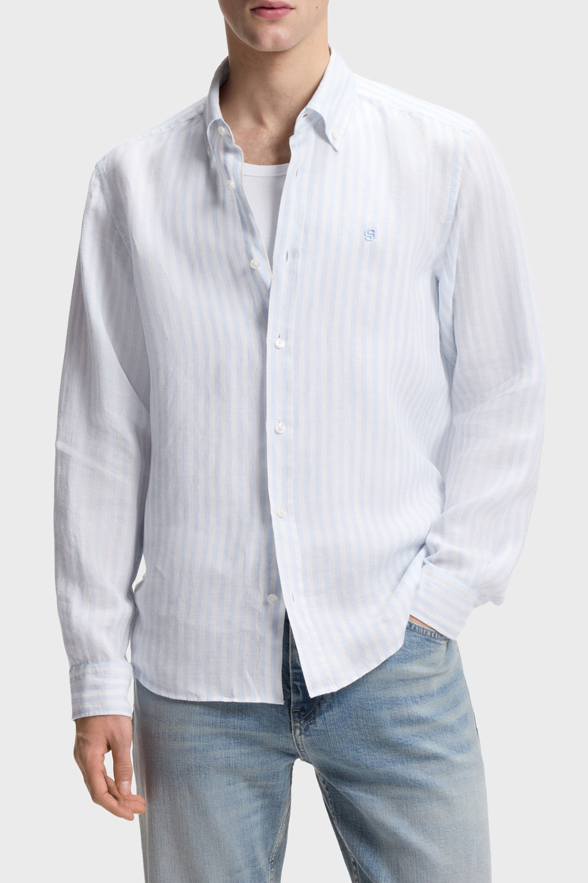 Boss Çizgili Regular Fit Klasik Yaka Uzun Kollu Keten Erkek Gömlek 50560595 450 MAVİ