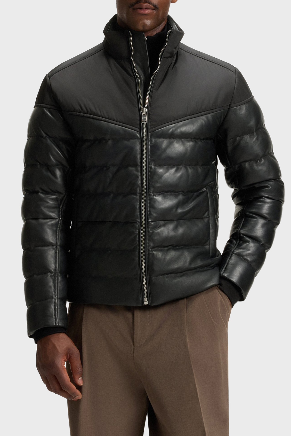 Boss Deri Regular Fit Dik Yaka Kapitoneli Şişme Erkek Mont 50547672 001 SİYAH