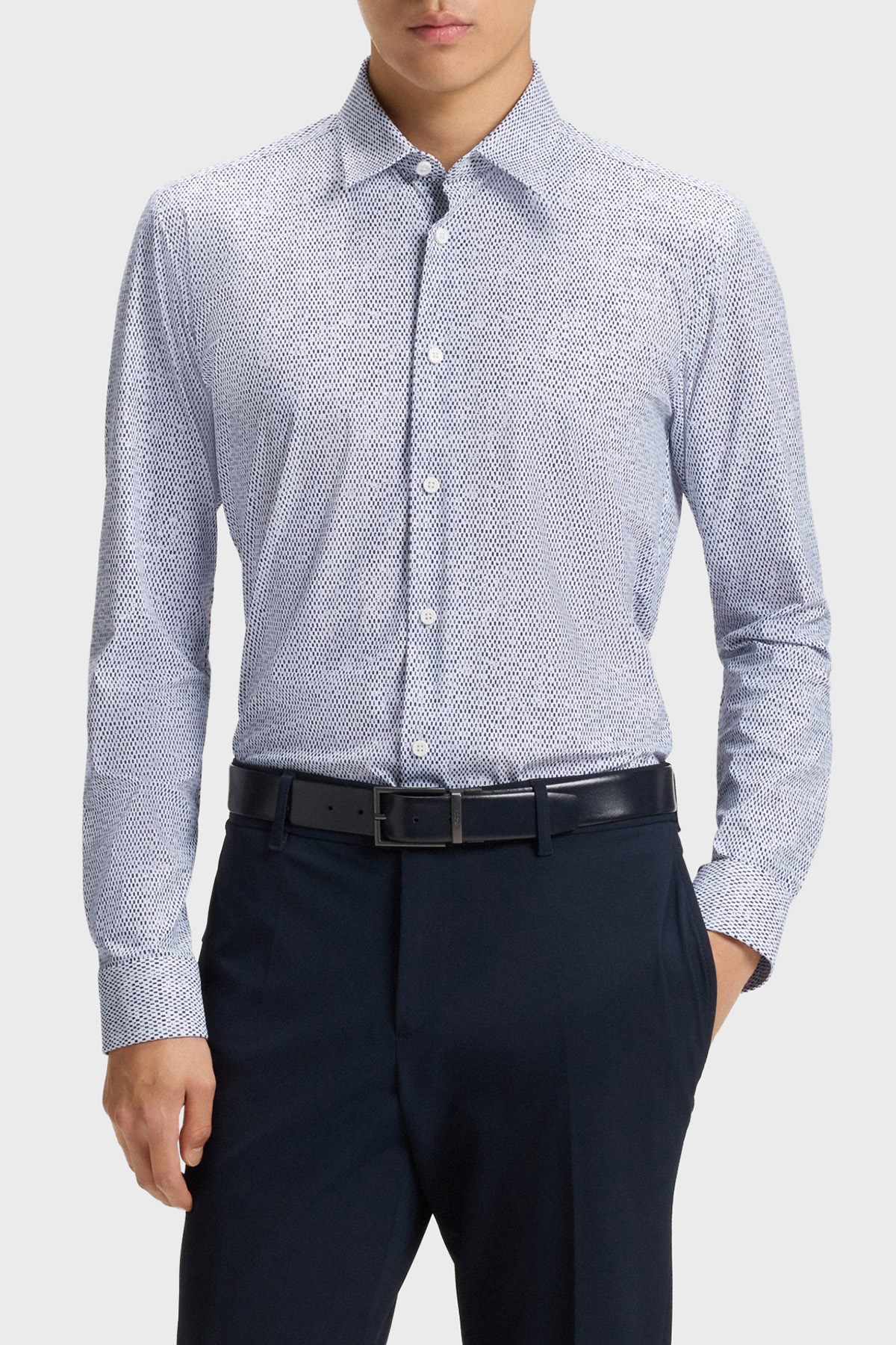 Boss Desenli Slim Fit Streç Uzun Kollu Erkek Gömlek 50545269 410 BEYAZ-LACİVERT
