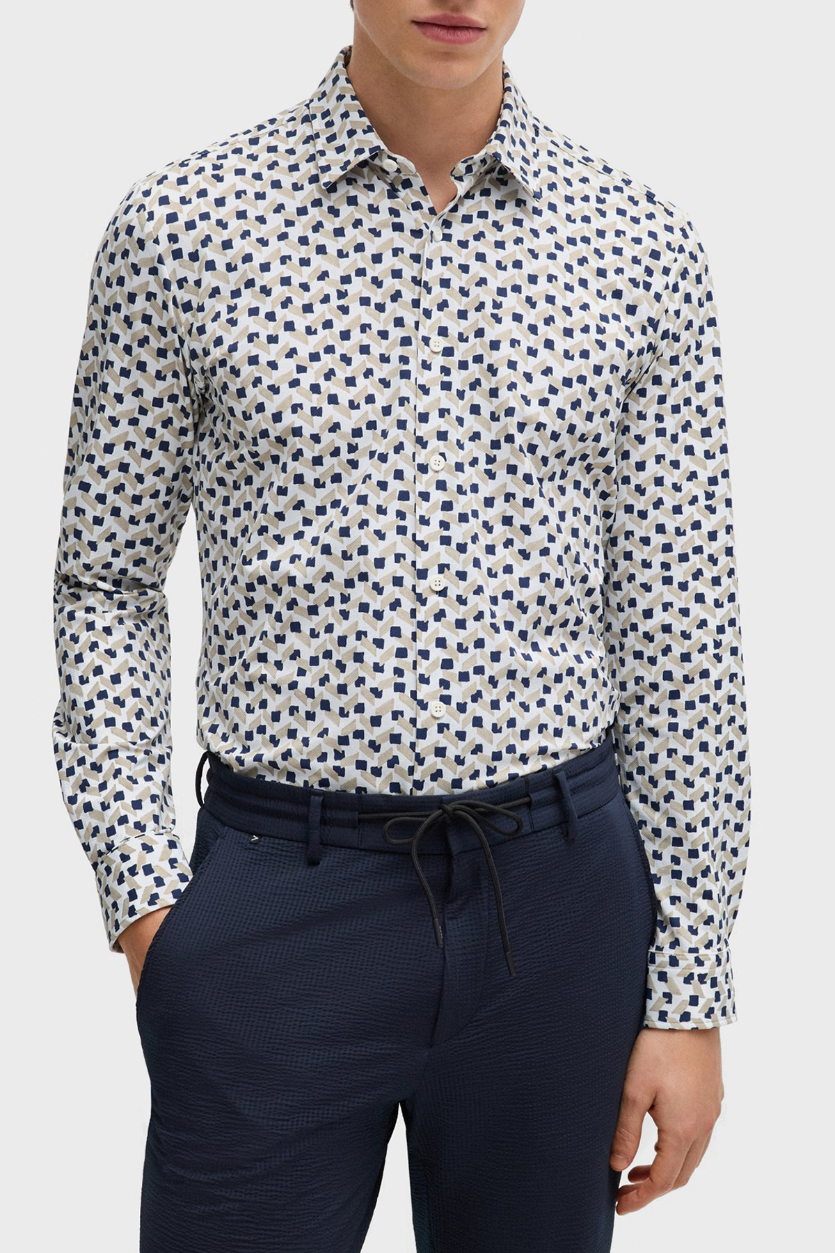 Boss Desenli Streç Slim Fit Erkek Gömlek 50513613 255 BEJ