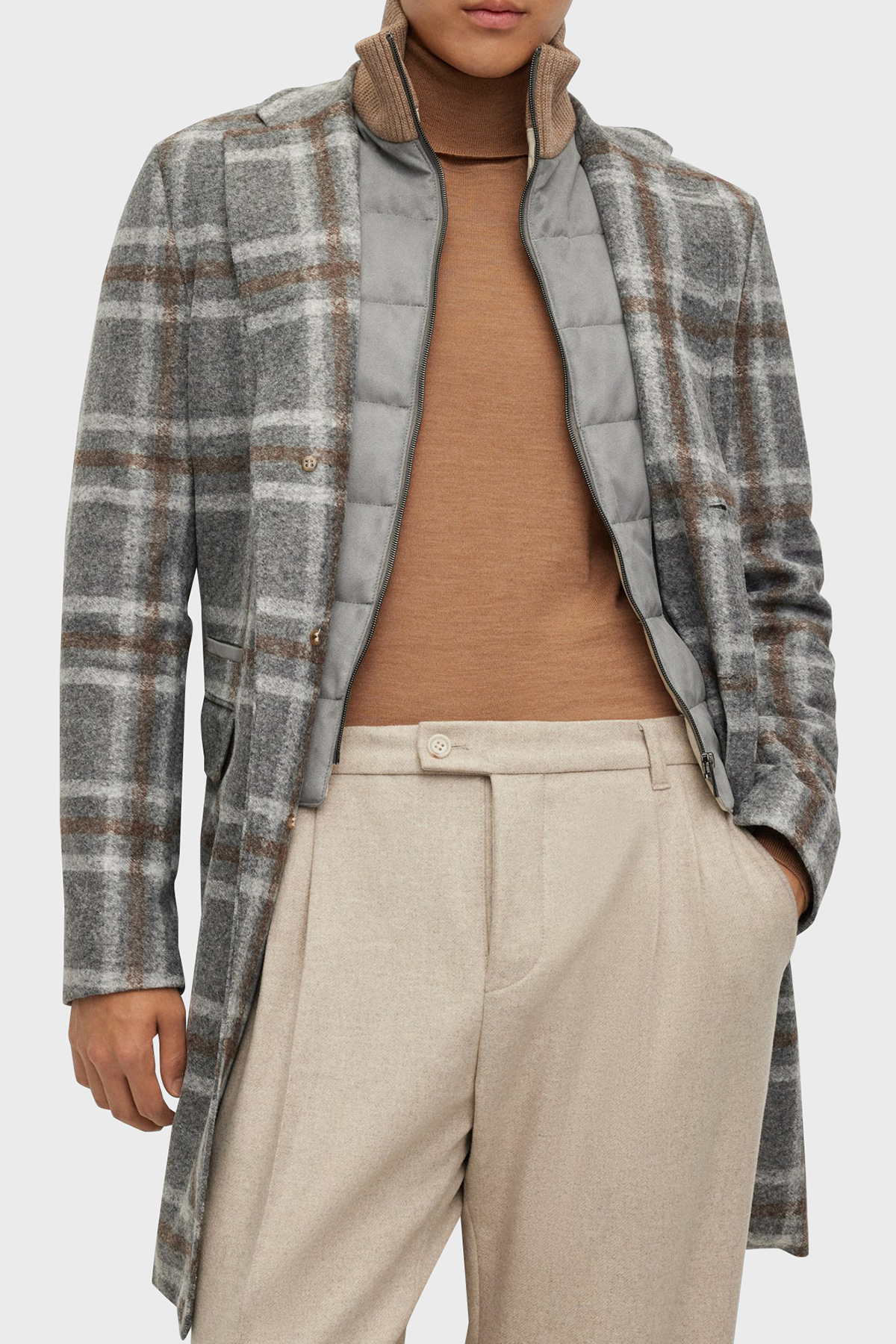 Boss Ekoseli Fermuarlı İç Yelekli Yün Karışımlı Slim Fit Erkek Kaban 50502260 030 GRİ