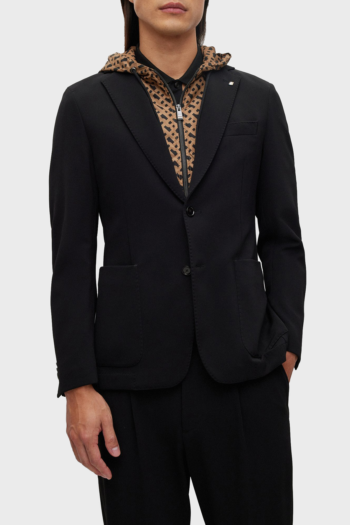 Boss İçi Monogram Desenli Slim Fit Kapüşonlu Erkek Ceket 50489497 001 SİYAH