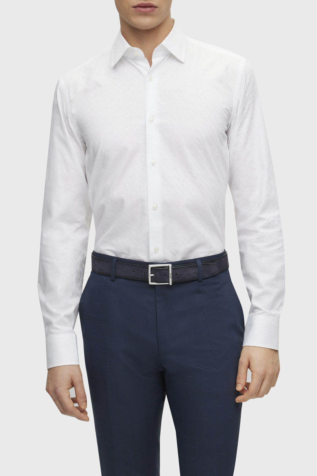 Boss Jakarlı Monogram Logolu Uzun Kollu Slim Fit Erkek Gömlek 50473310 100 BEYAZ