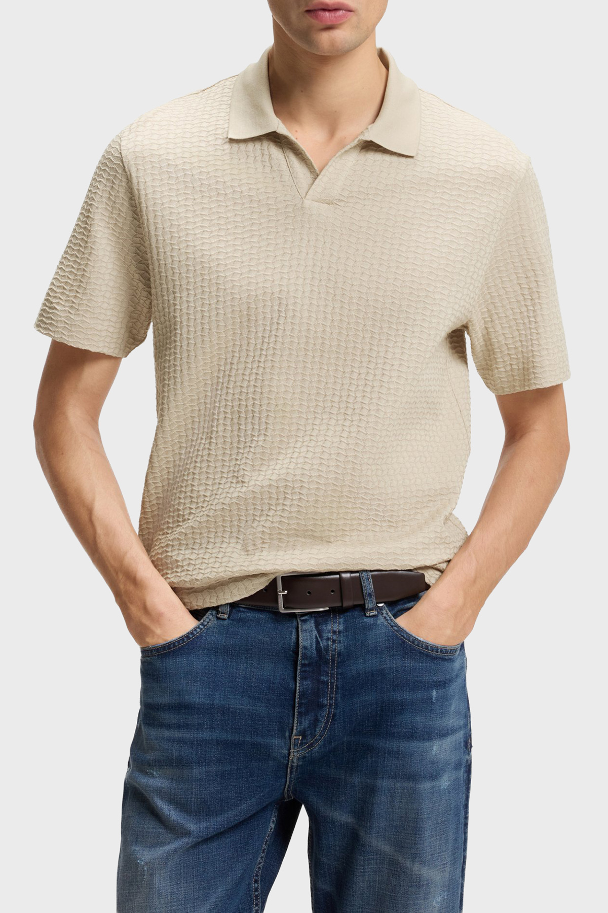 Boss Jakarlı Pamuklu Regular Fit Kısa Kollu V Yaka Erkek Polo 50561203 286 BEJ