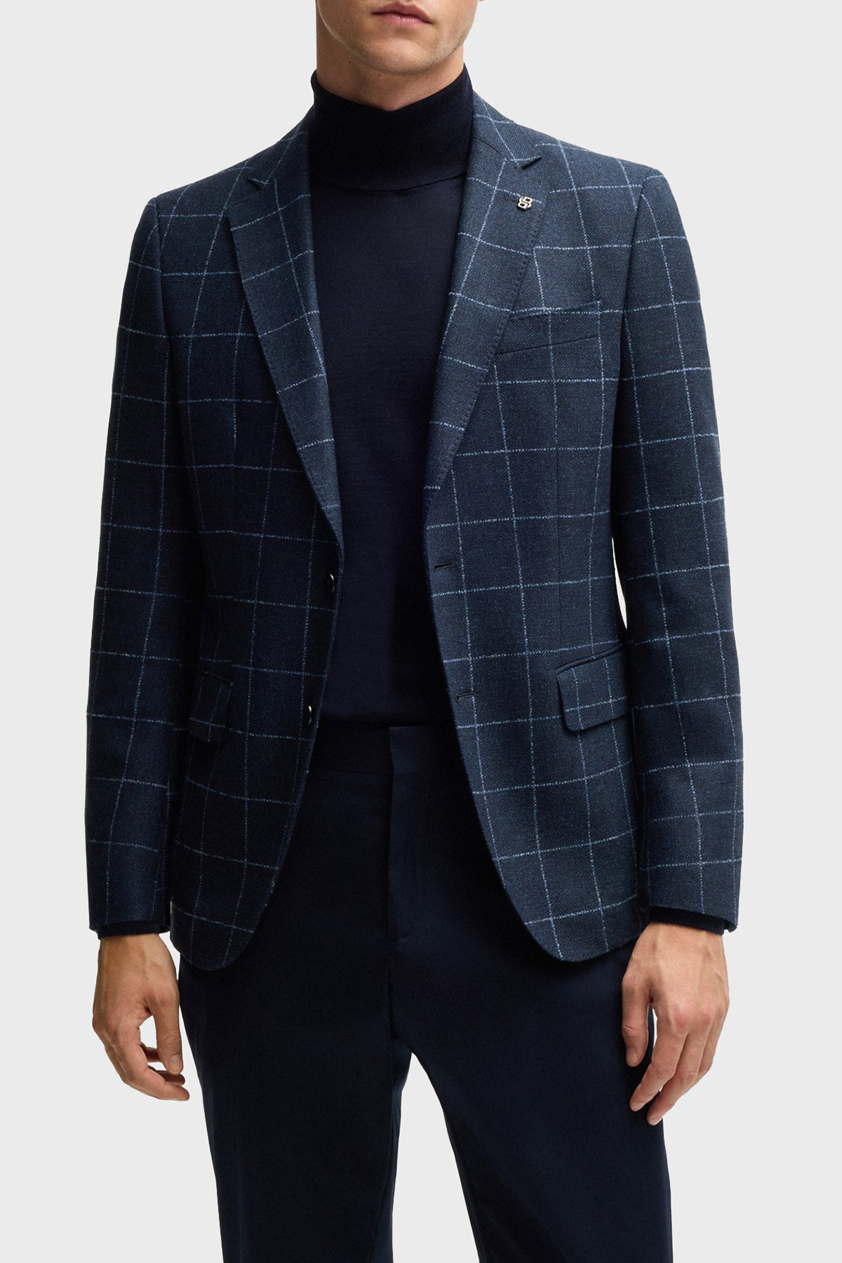 Boss Kareli Yünlü Slim Fit Çift Yırtmaçlı Blazer Erkek Ceket 50527998 404 LACİVERT