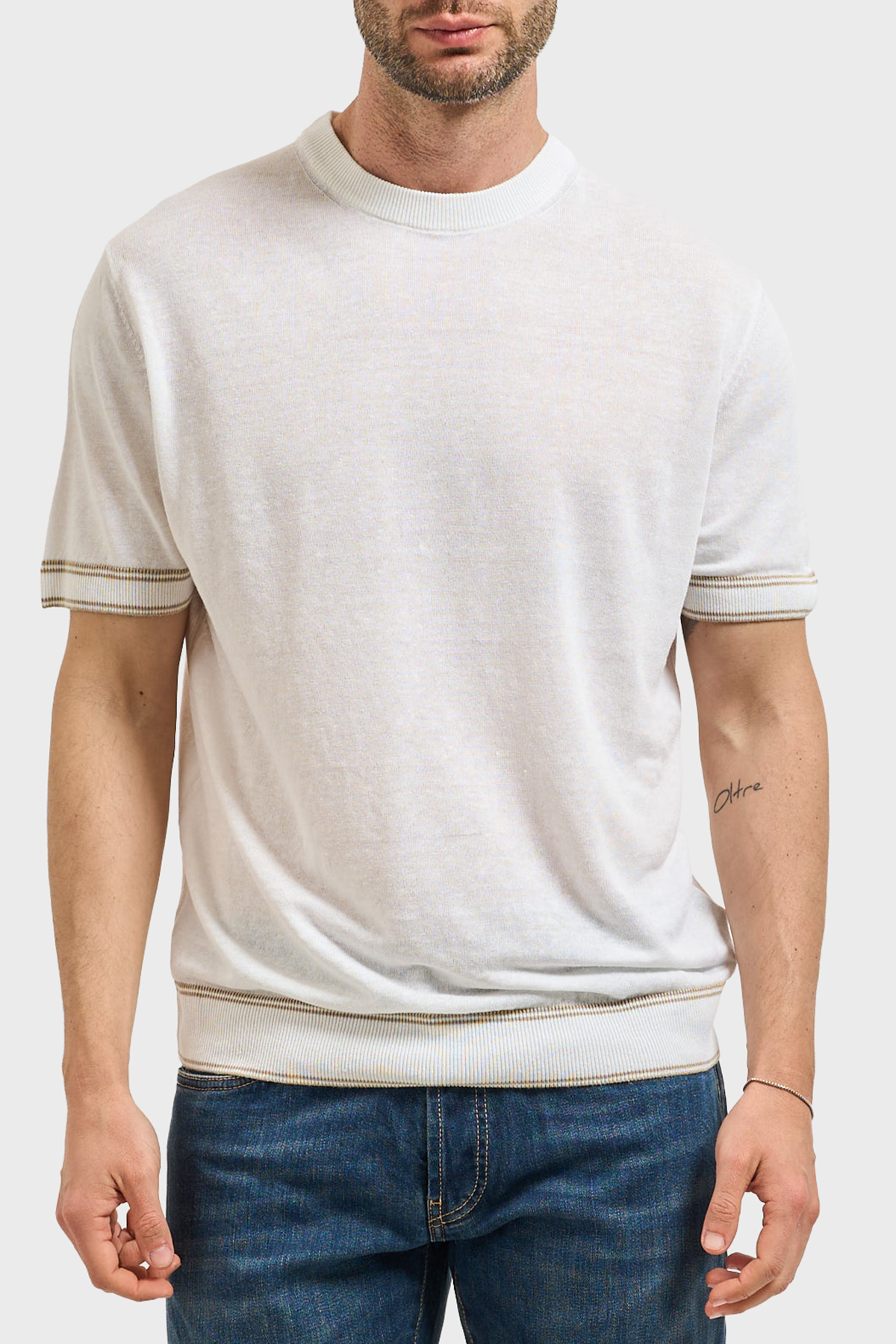 Boss Keten Karışımlı Kontrast Renk Detaylı Bisiklet Yaka Erkek T Shirt 50560491 100 BEYAZ