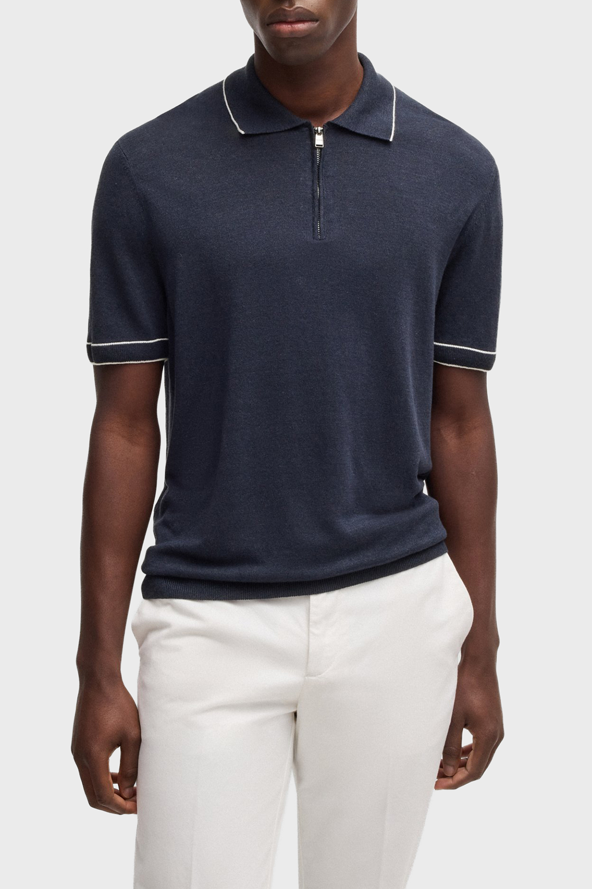 Boss Keten Karışımlı Regular Fit Yarım Fermuarlı Erkek Polo Yaka T Shirt 50537640 404 LACİVERT