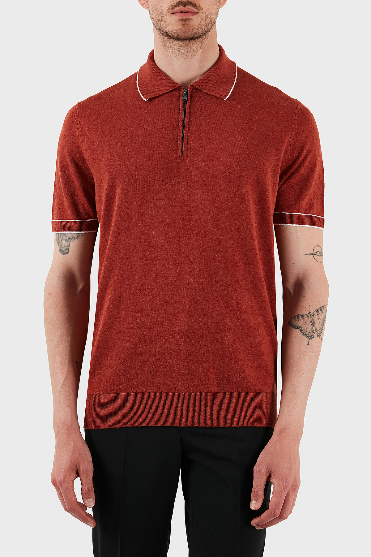 Boss Keten Karışımlı Regular Fit Yarım Fermuarlı Erkek Polo Yaka T Shirt 50537640 806 KİREMİT