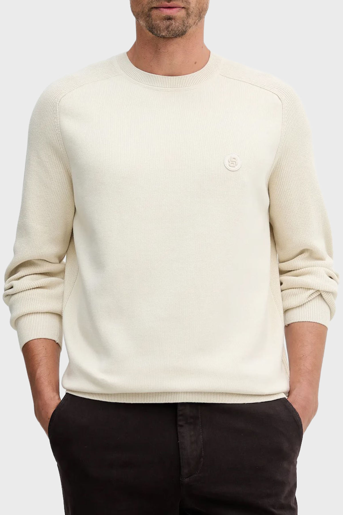Boss Logolu % 100 Pamuk Regular Fit Bisiklet Yaka Erkek Kazak 50543136 131 EKRU