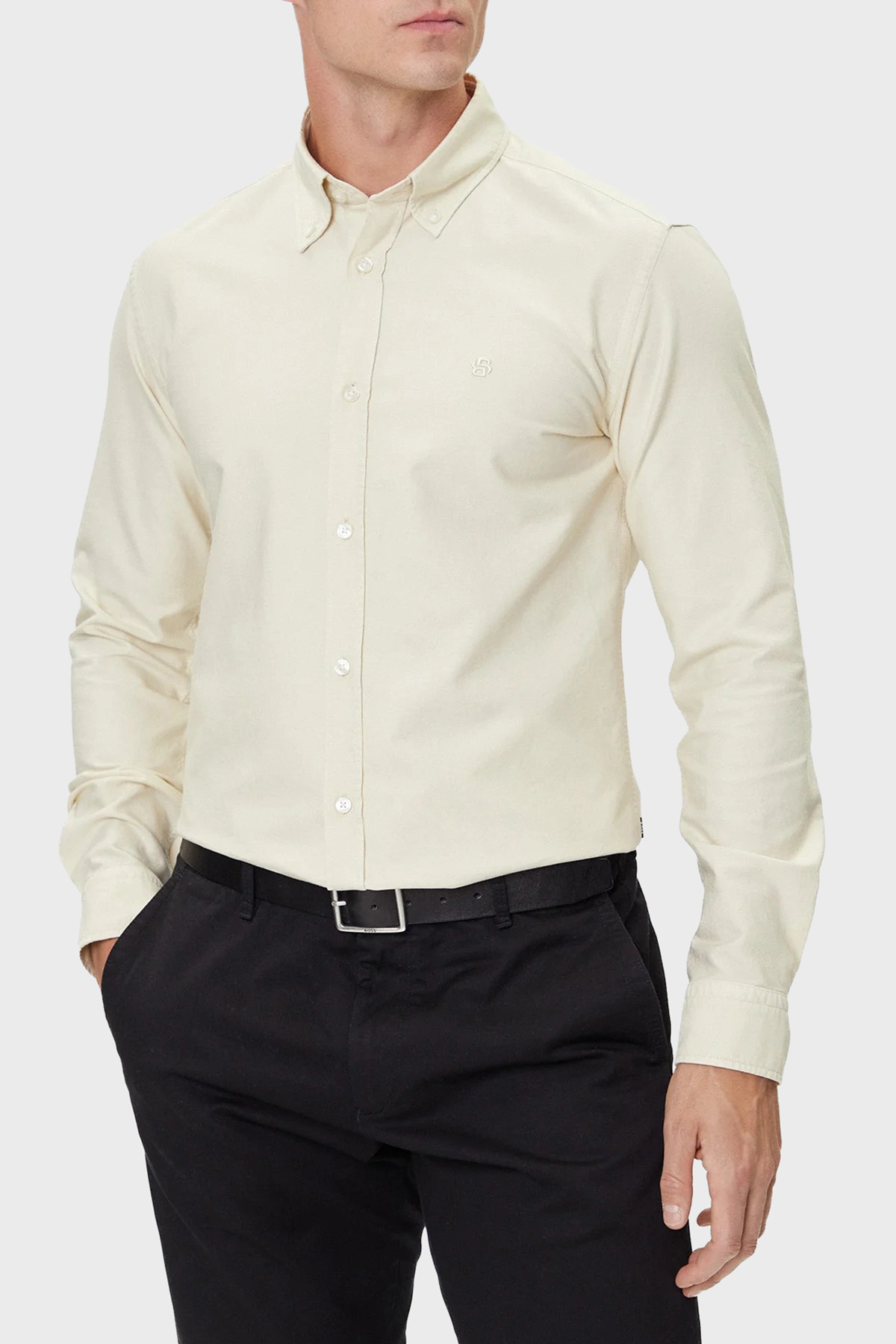 Boss Logolu % 100 Pamuk Slim Fit Düğmeli Yaka Erkek Gömlek 50544917 131 EKRU