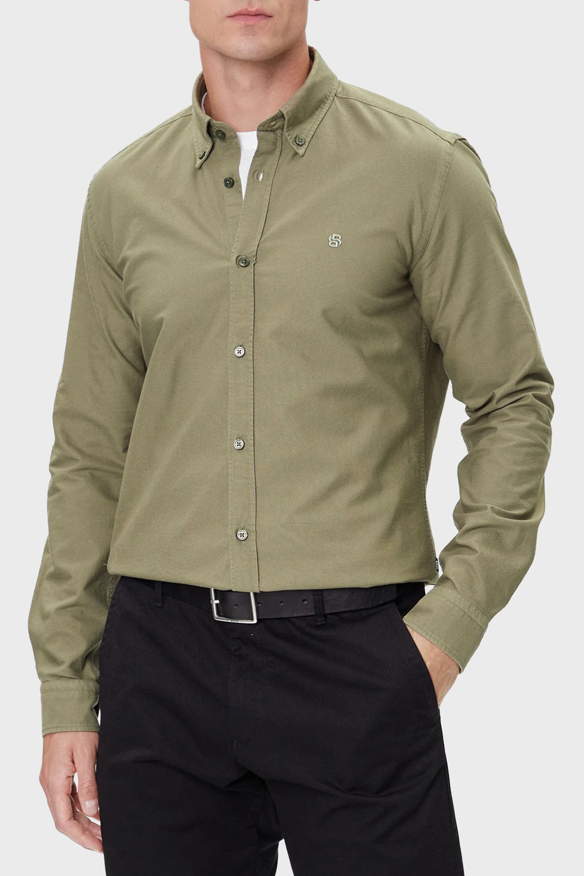 Boss Logolu % 100 Pamuk Slim Fit Düğmeli Yaka Erkek Gömlek 50544917 314 HAKİ