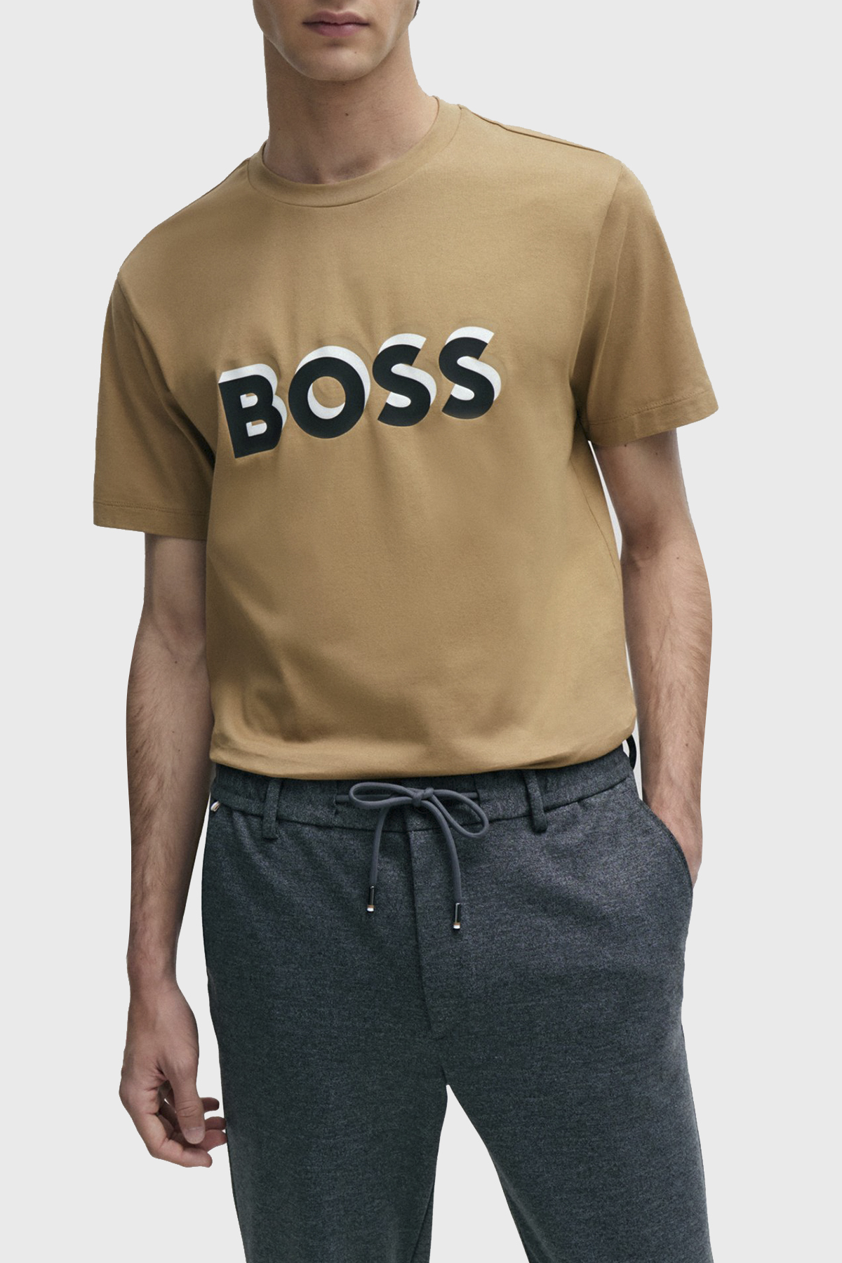 Boss Logolu Bisiklet Yaka Regular Fit Pamuklu Jarse Erkek T Shirt 50506923 260 KAHVE