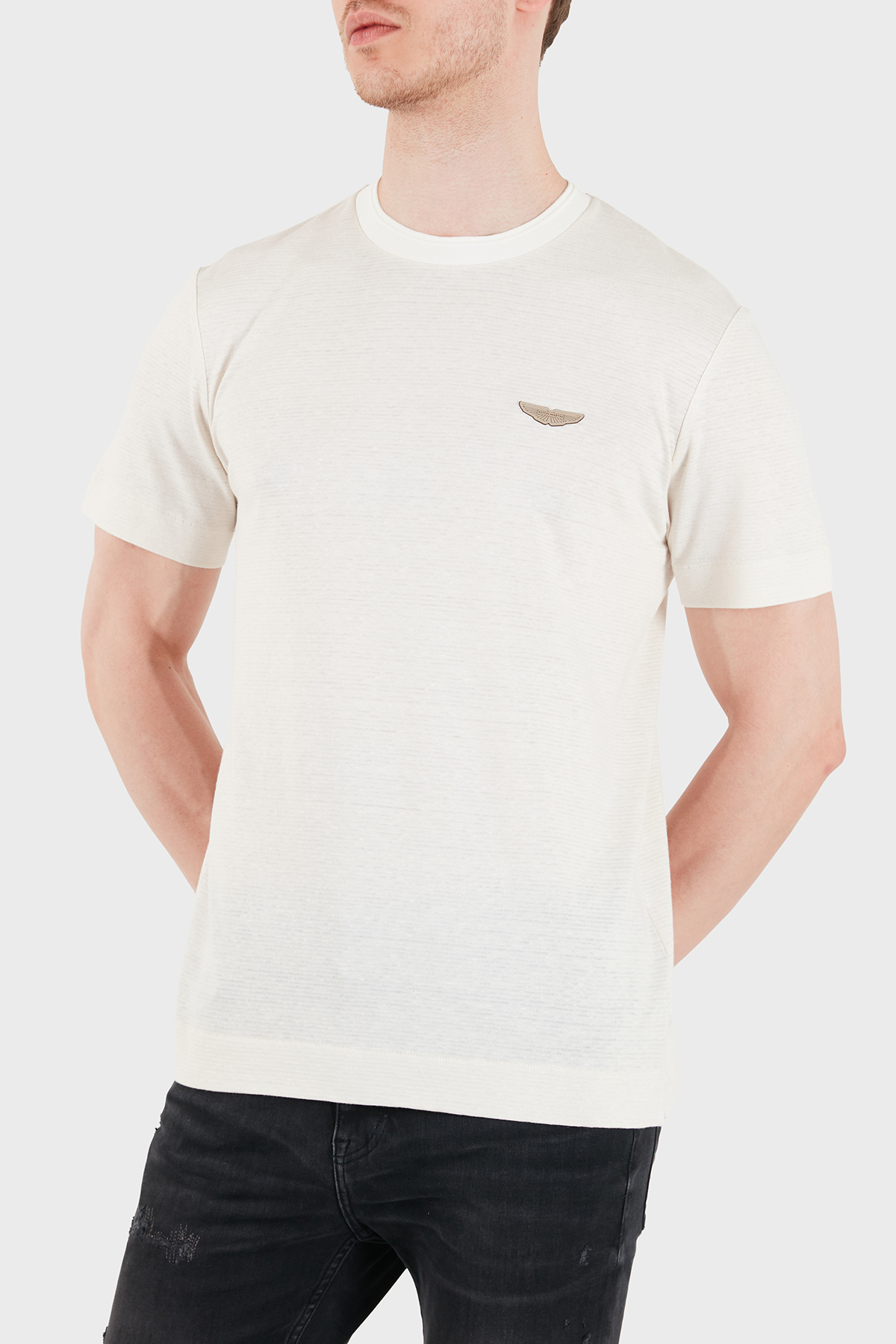 Boss Logolu Pamuk ve Keten Karışımlı Bisiklet Yaka Erkek T Shirt 50558830 118 BEJ