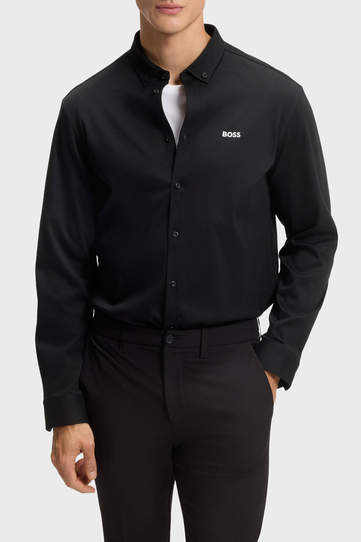 Boss Logolu Pamuklu Jarse Regular Fit Düğmeli Yaka Erkek Gömlek 50555946 002 SİYAH