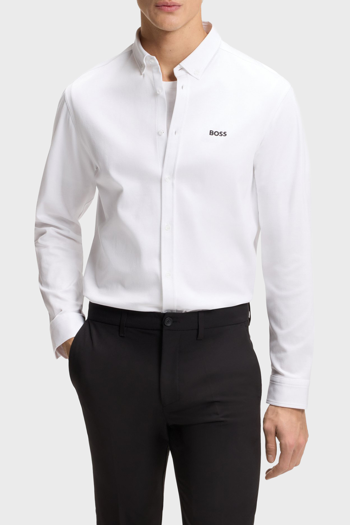 Boss Logolu Pamuklu Jarse Regular Fit Düğmeli Yaka Erkek Gömlek 50555946 100 BEYAZ