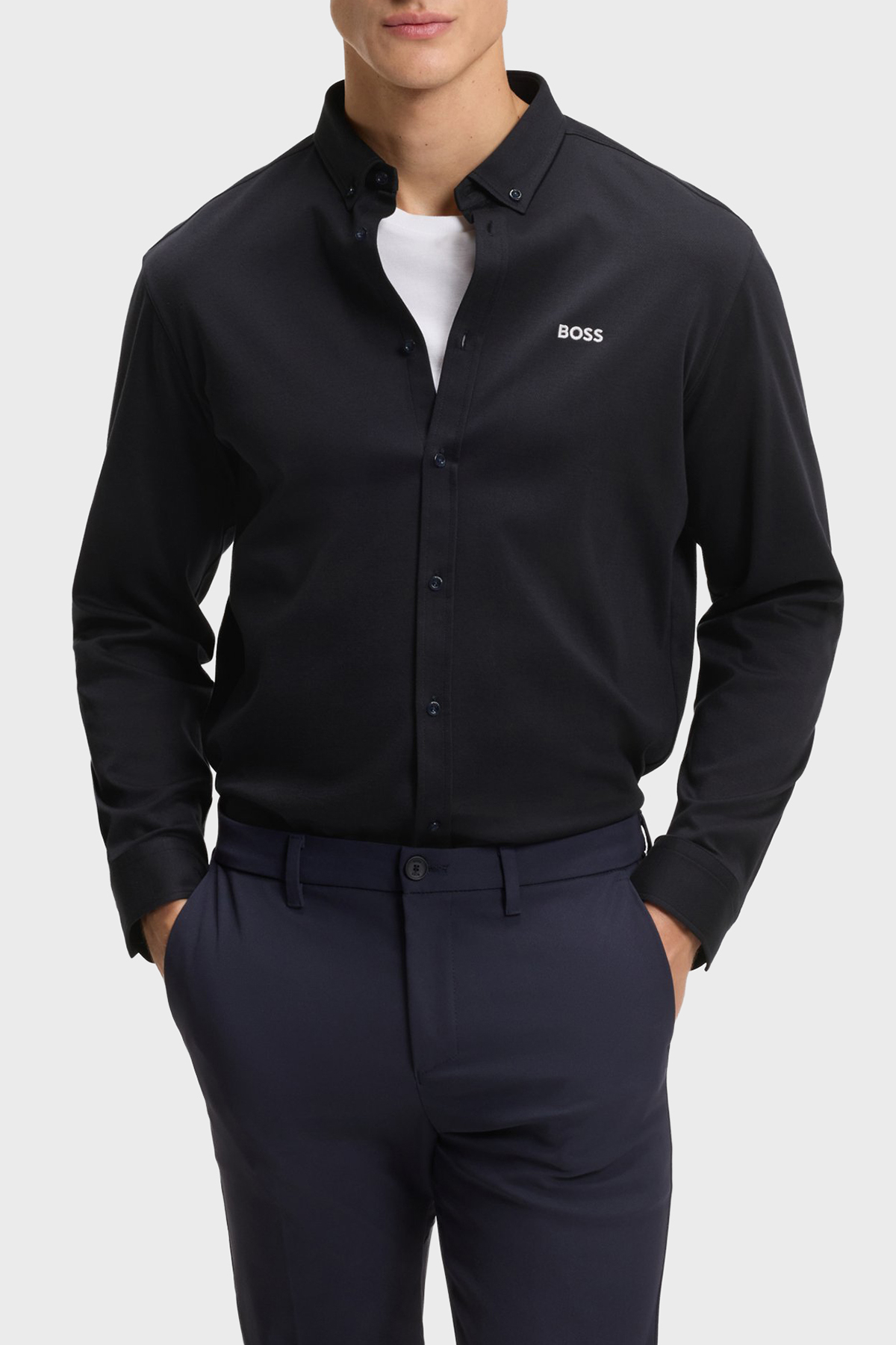Boss Logolu Pamuklu Jarse Regular Fit Düğmeli Yaka Erkek Gömlek 50555946 402 LACİVERT