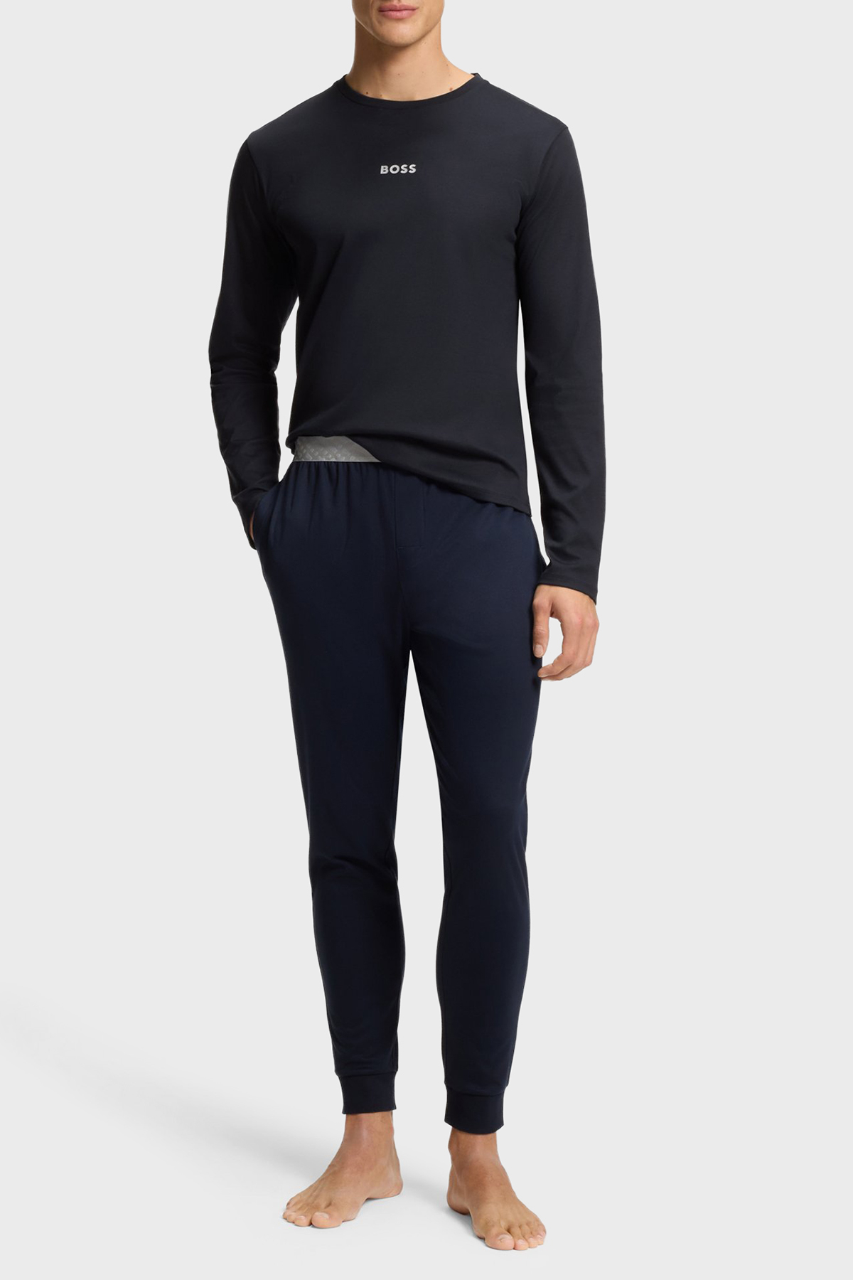 Boss Logolu Pamuklu Regular Fit Bisiklet Yaka Uzun Kollu Erkek Pijama Takımı 50550547 402 LACİVERT