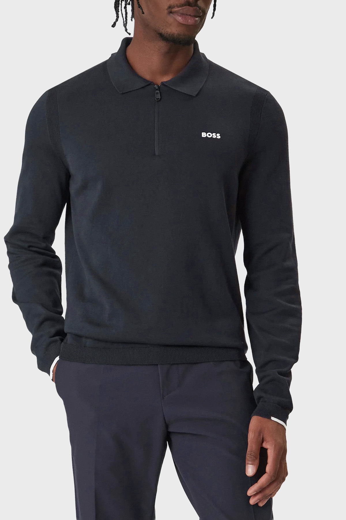 Boss Logolu Pamuklu Regular Fit Fermuarlı Erkek Polo Yaka Kazak 50551688 402 LACİVERT