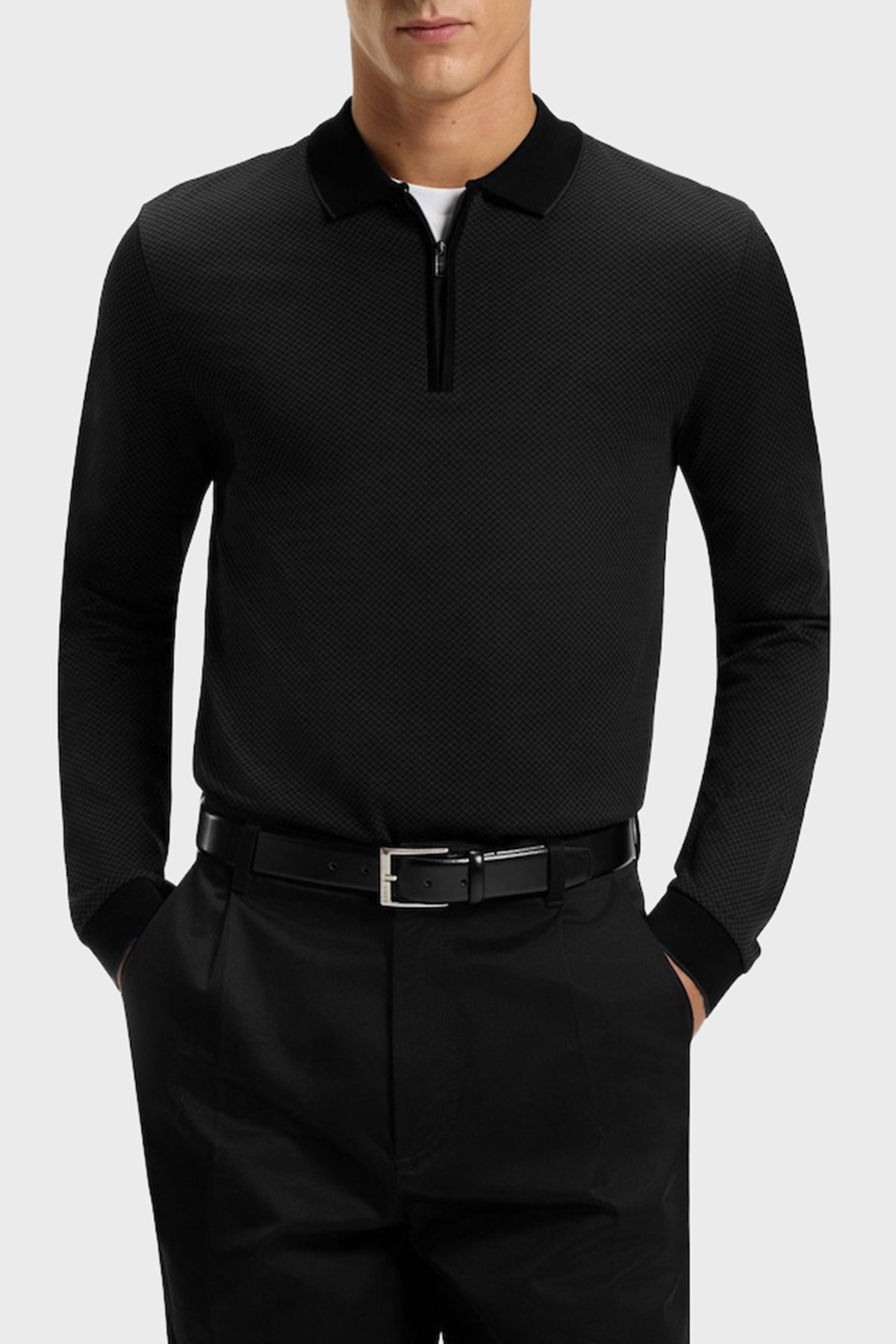 Boss Logolu Pamuklu Regular Fit Yarım Fermuarlı Erkek Polo Yaka Kazak 50549583 001 SİYAH