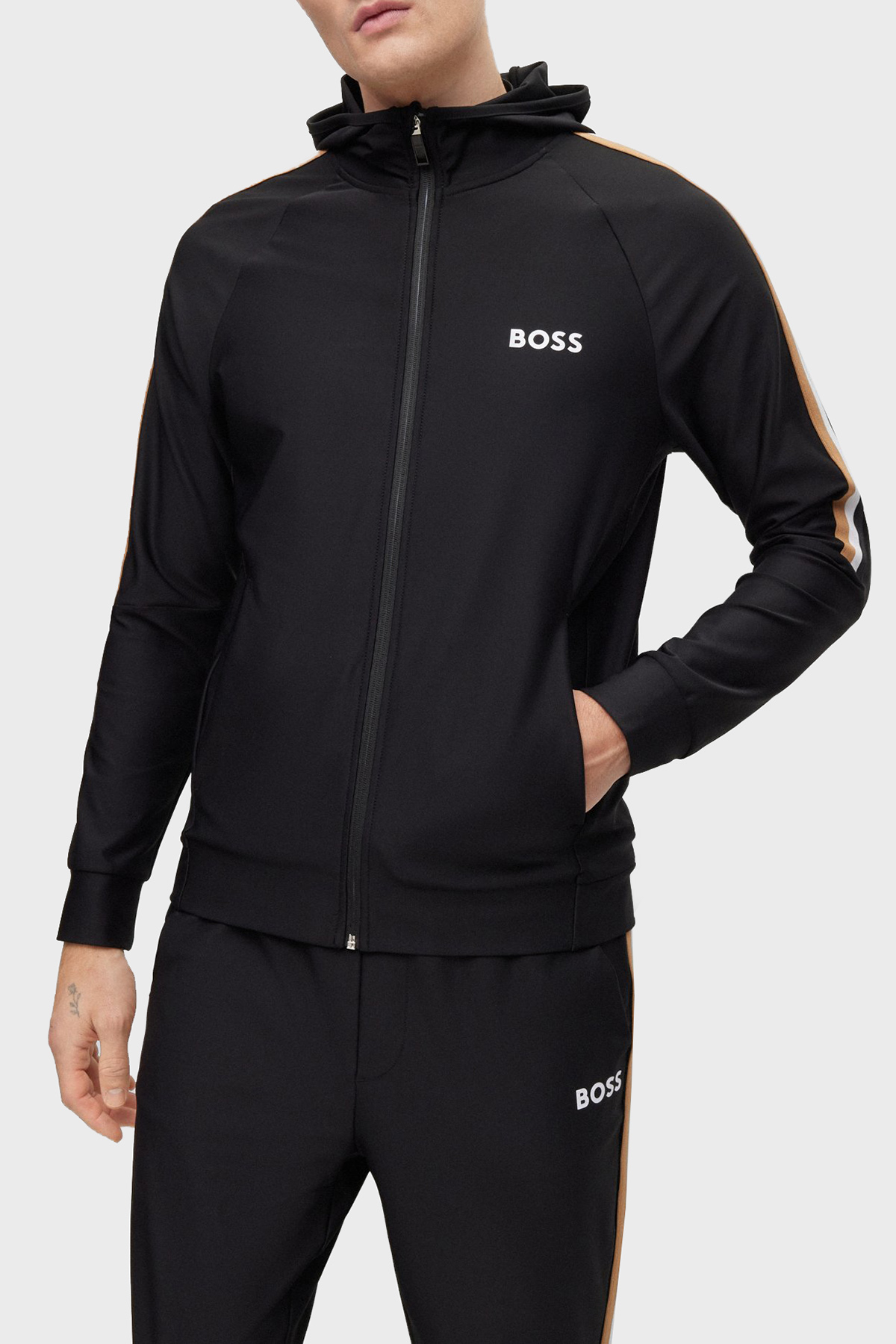 Boss Logolu Streç Jarseden Fermuarlı Kapüşonlu Regular Fit Erkek Sweat 50490646 001 SİYAH