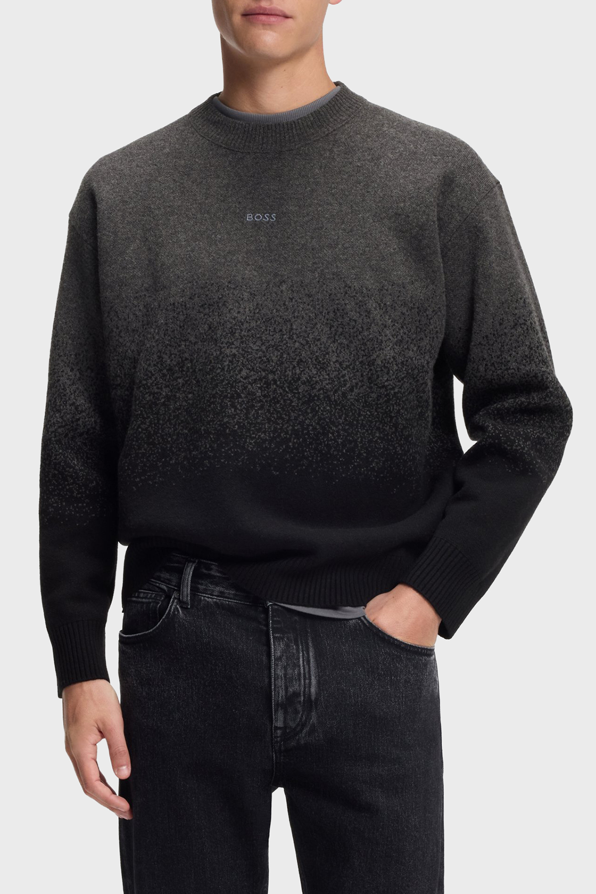 Boss Logolu Yünlü Regular Fit Bisiklet Yaka Erkek Kazak 50548701 001 SİYAH-ANTRASİT