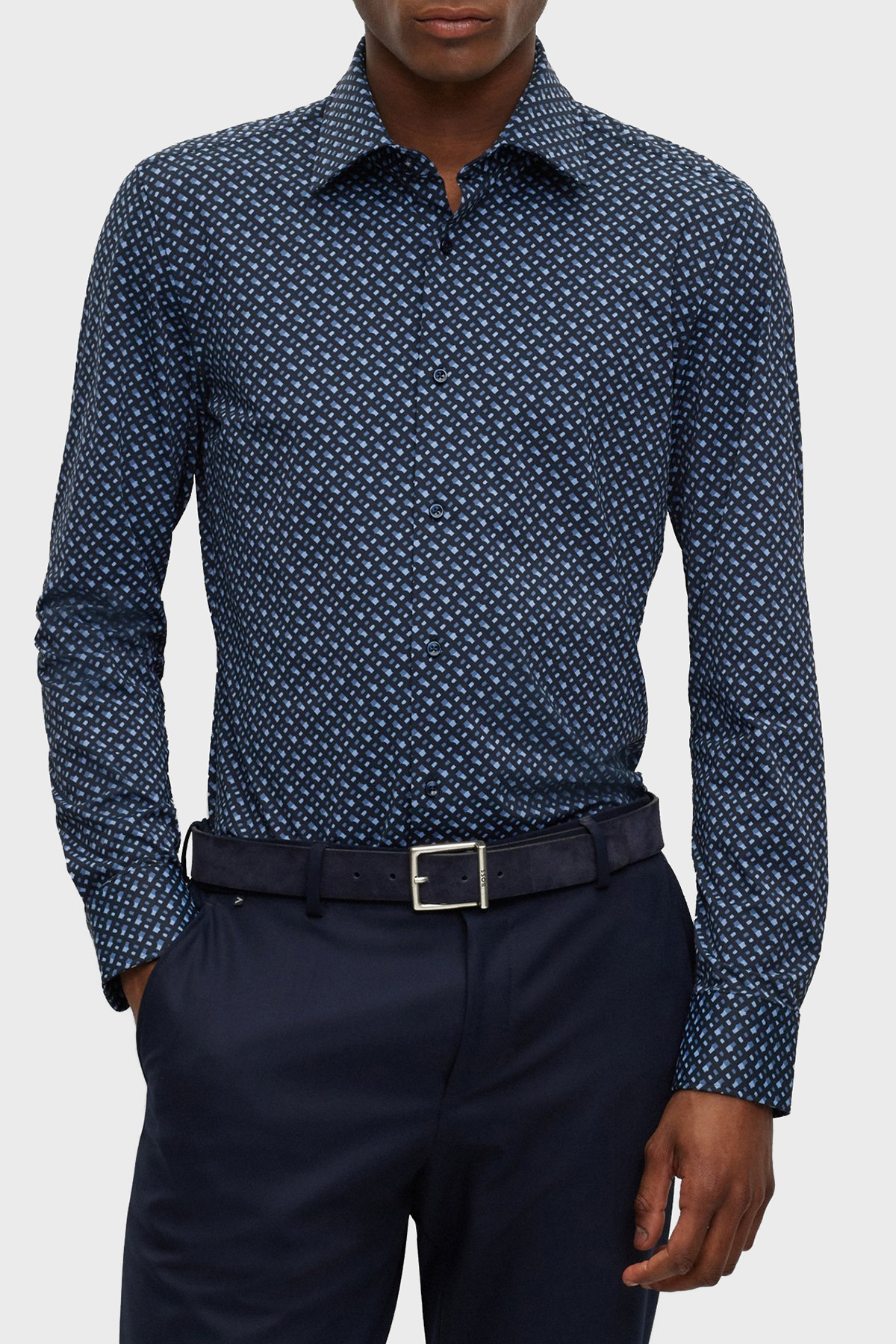 Boss Monogram Baskılı Slim Fit Streç Erkek Gömlek 50496801 475 AÇIK MAVİ