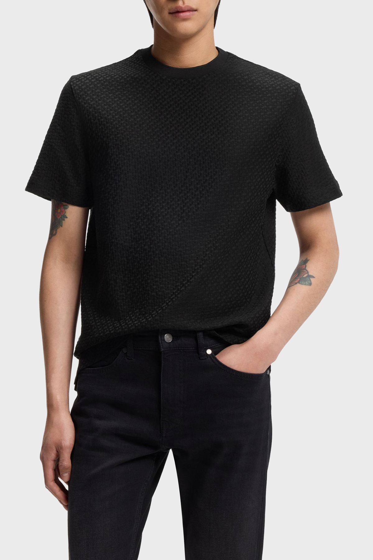 Boss Monogram Jakarlı % 100 Pamuk Regular Fit Bisiklet Yaka Erkek T Shirt 50557395 001 SİYAH
