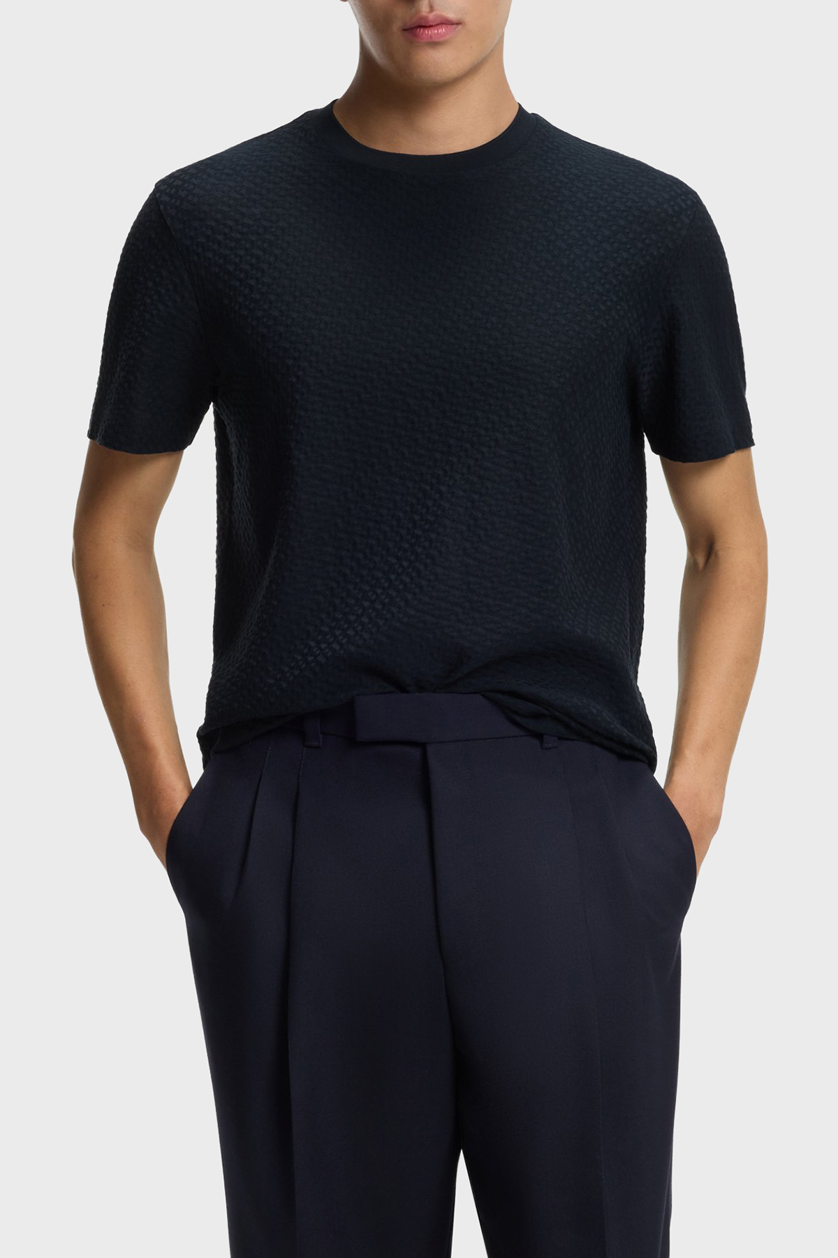 Boss Monogram Jakarlı % 100 Pamuk Regular Fit Bisiklet Yaka Erkek T Shirt 50557395 404 LACİVERT
