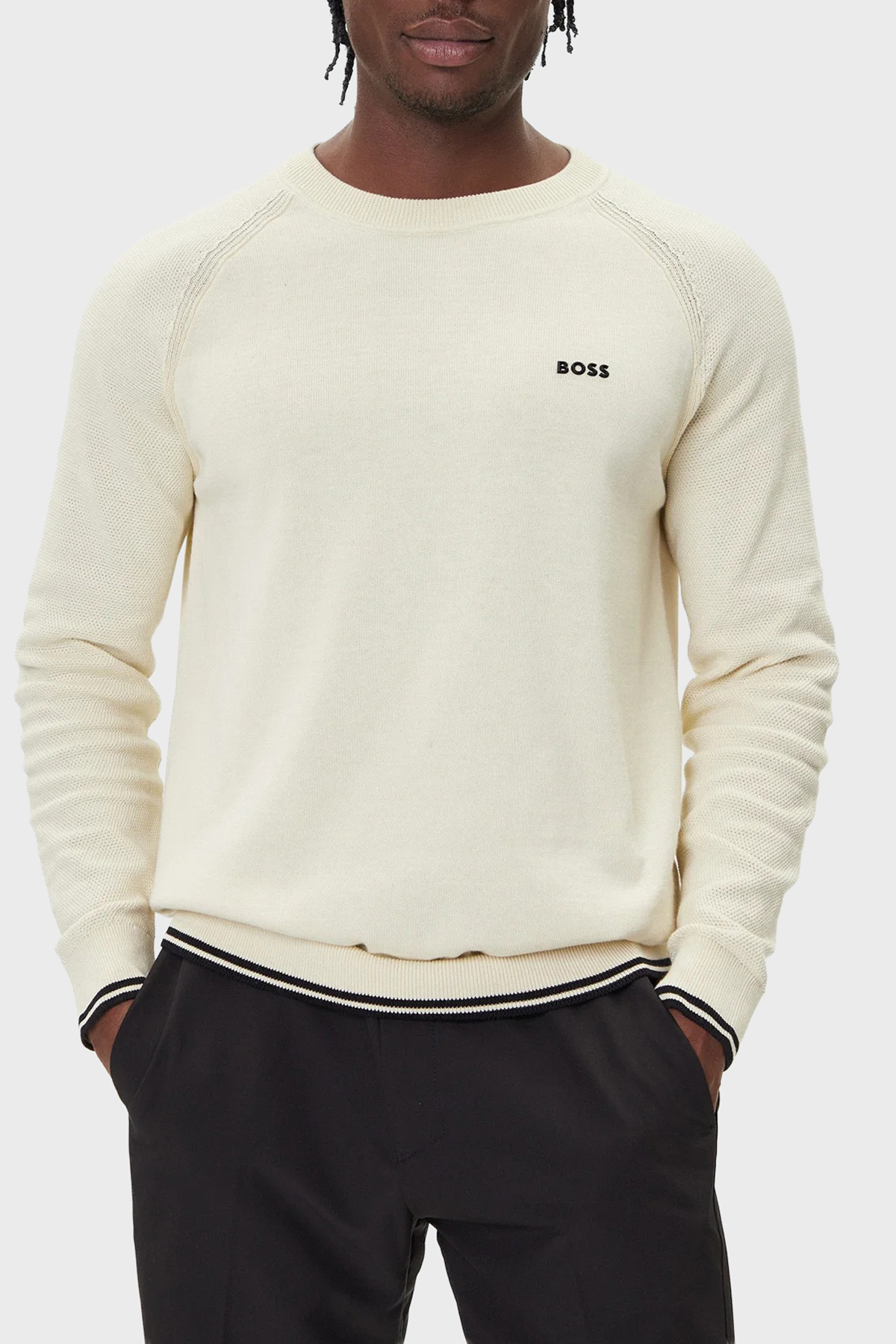 Boss Pamuk Karışımlı Regular Fit Bisiklet Yaka Logolu Erkek Kazak 50541938 131 KREM