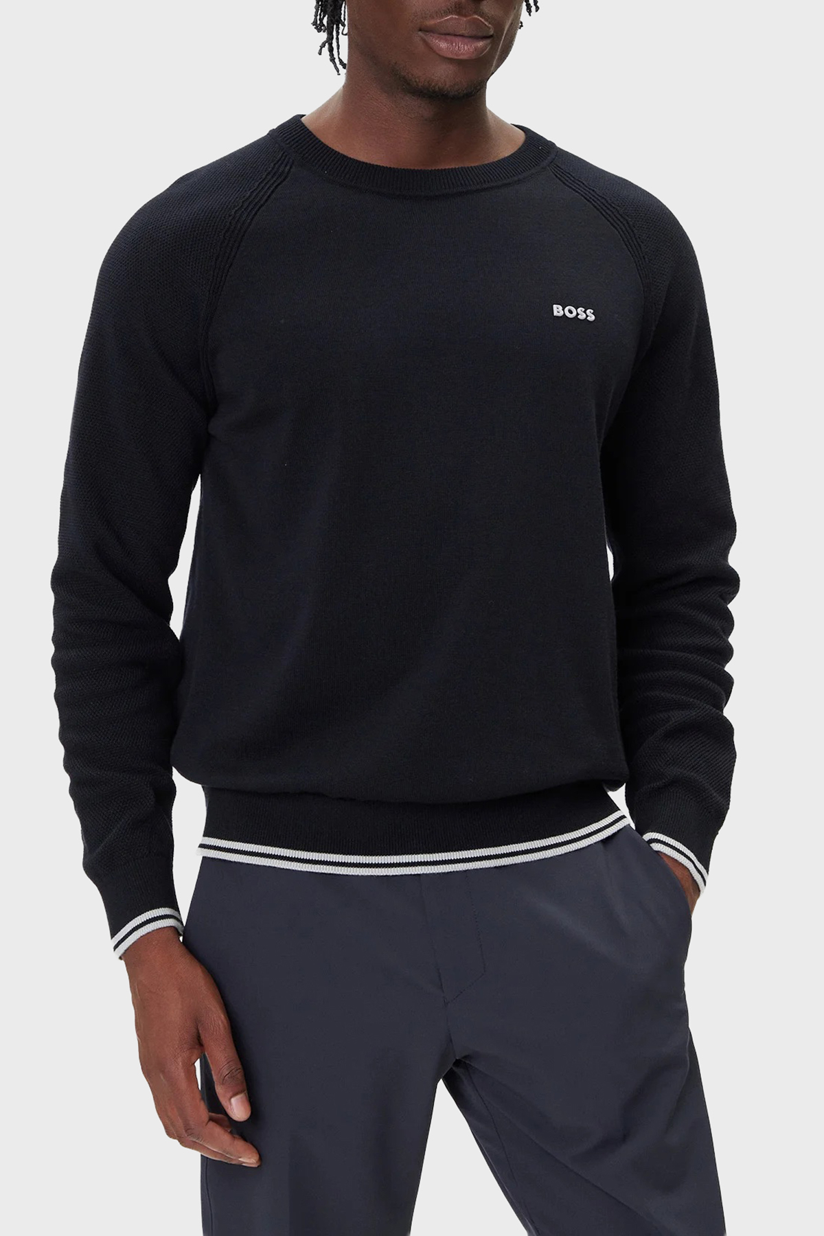 Boss Pamuk Karışımlı Regular Fit Bisiklet Yaka Logolu Erkek Kazak 50541938 402 LACİVERT