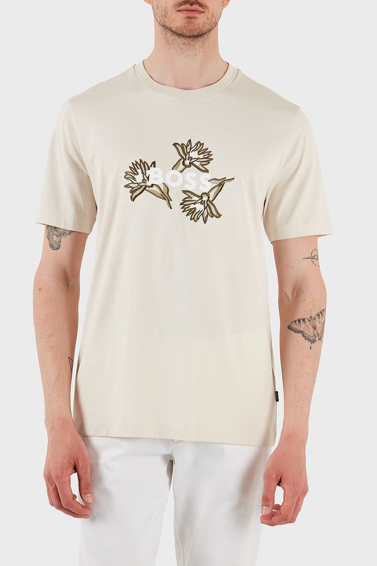 Boss Pamuklu İşleme Detaylı Regular Fit Bisiklet Yaka Erkek T Shirt 50536796 131 BEJ