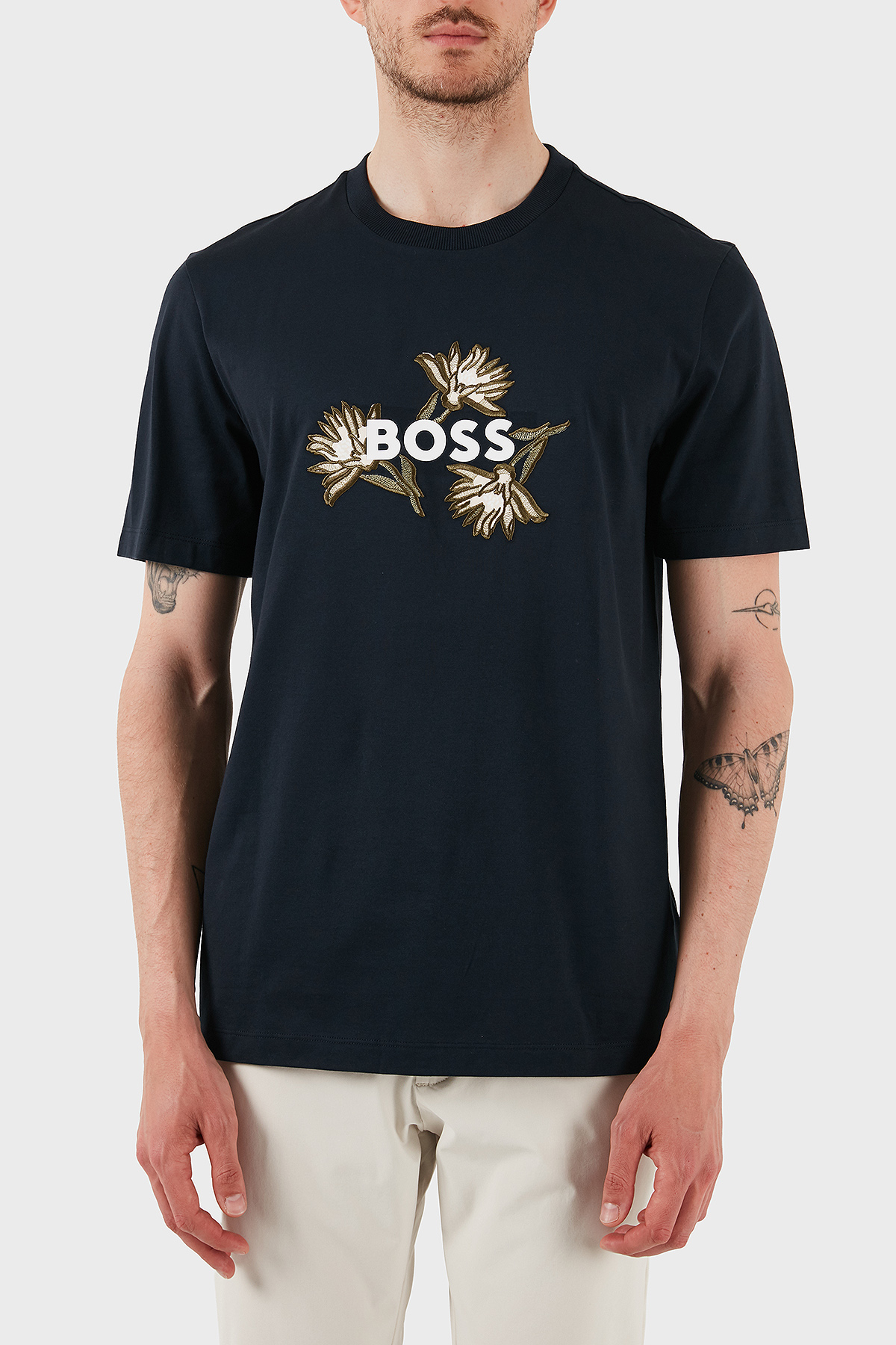 Boss Pamuklu İşleme Detaylı Regular Fit Bisiklet Yaka Erkek T Shirt 50536796 404 LACİVERT